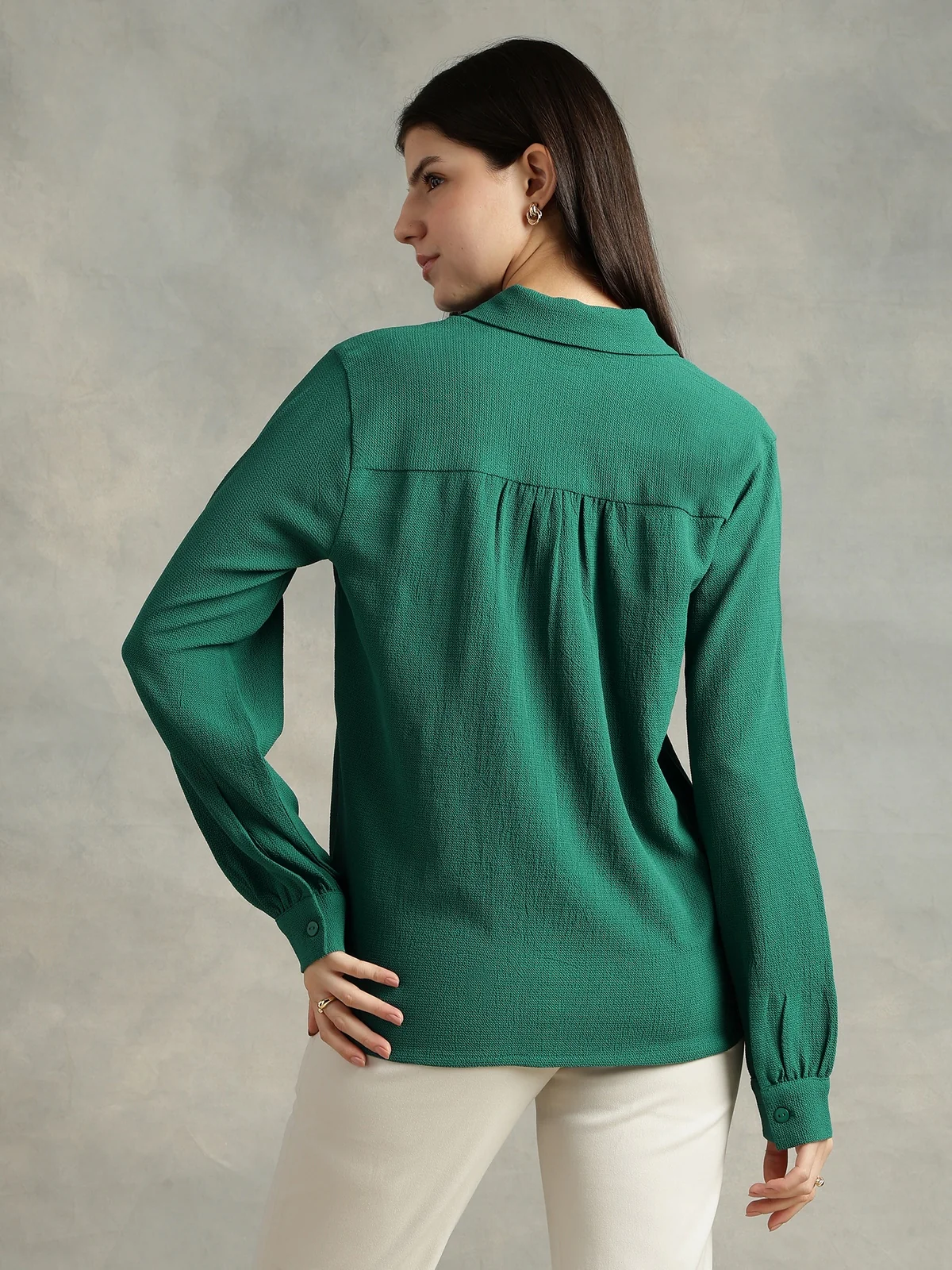 Women Teal Green Crepe Collar Shirt - Image 4