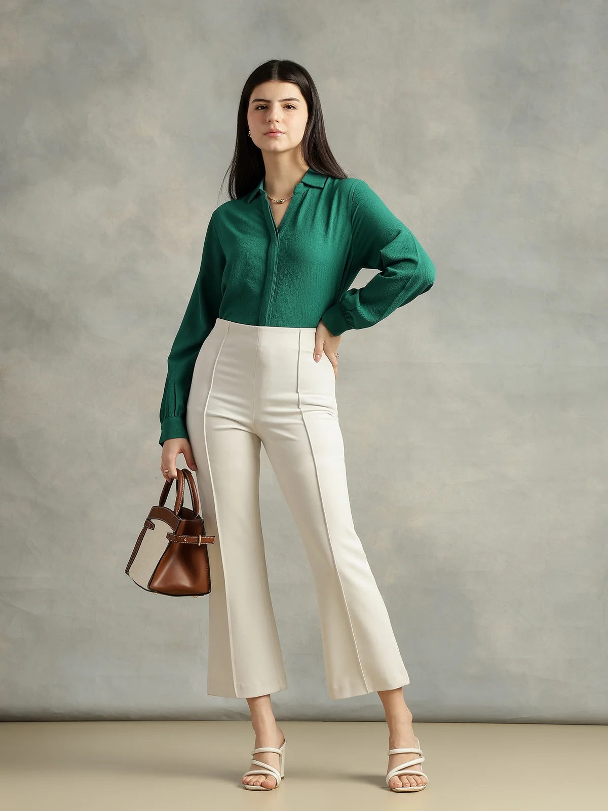 Women Teal Green Crepe Collar Shirt - Image 5
