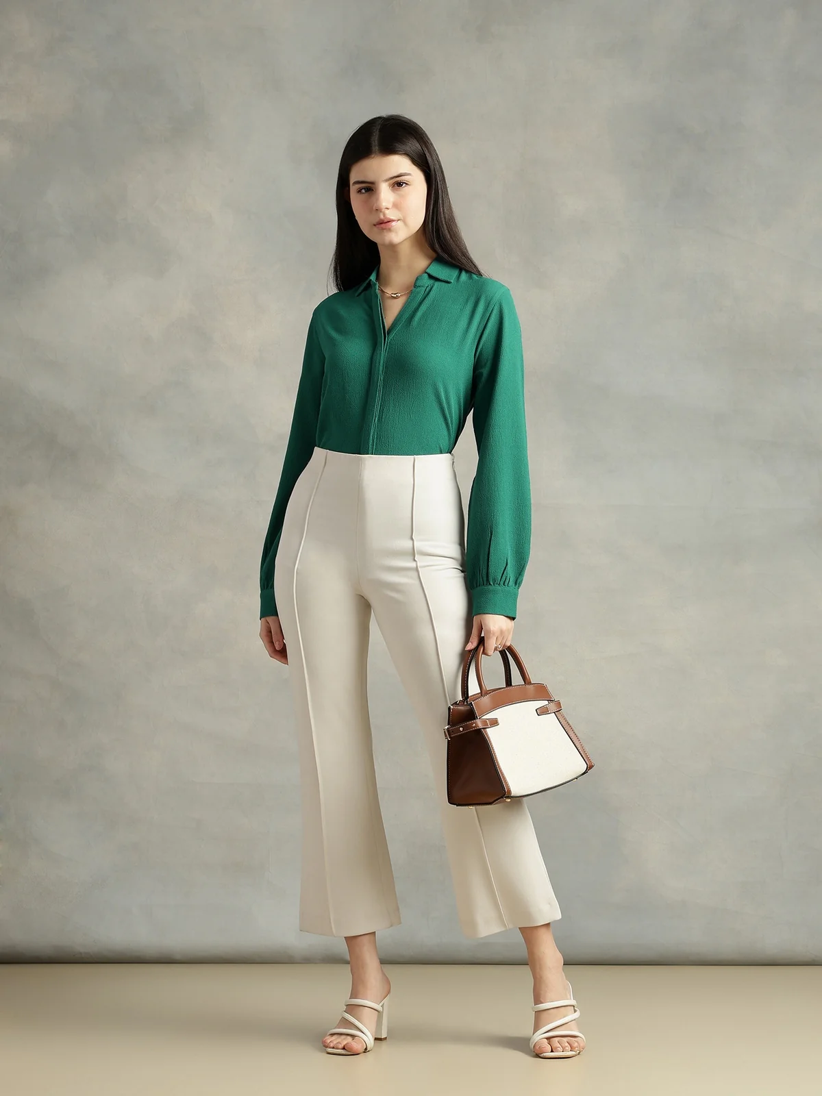 Women Teal Green Crepe Collar Shirt - Image 6
