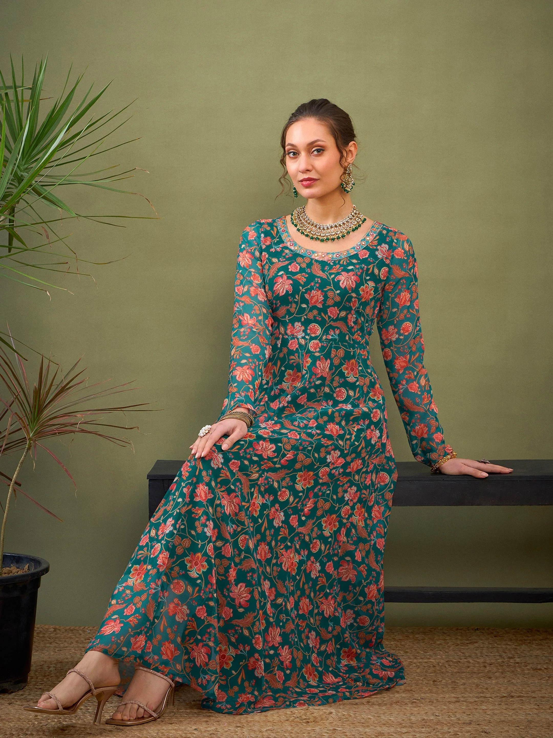 Women Teal Green Floral Anarkali Kurta - Image 2