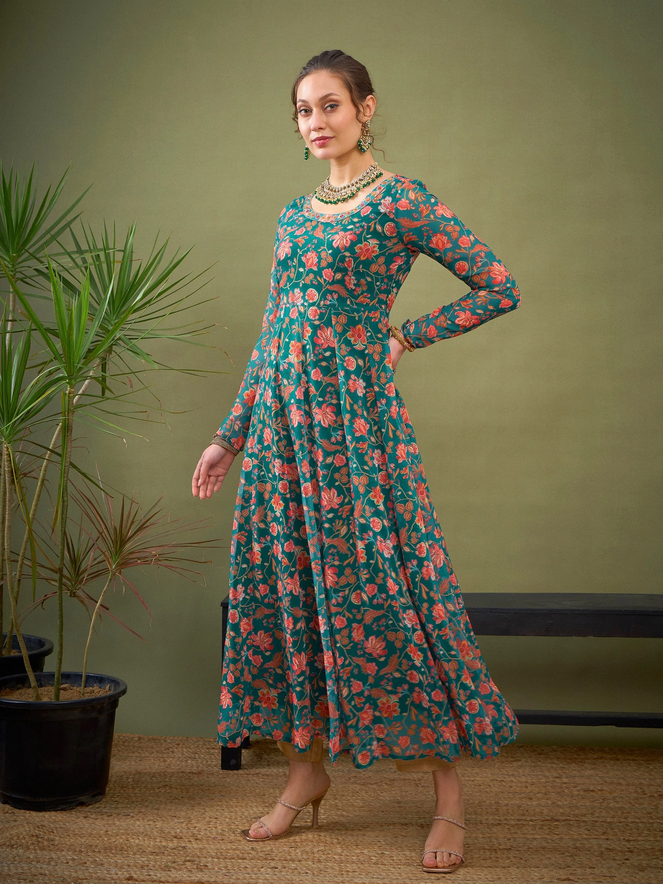 Women Teal Green Floral Anarkali Kurta - Image 3