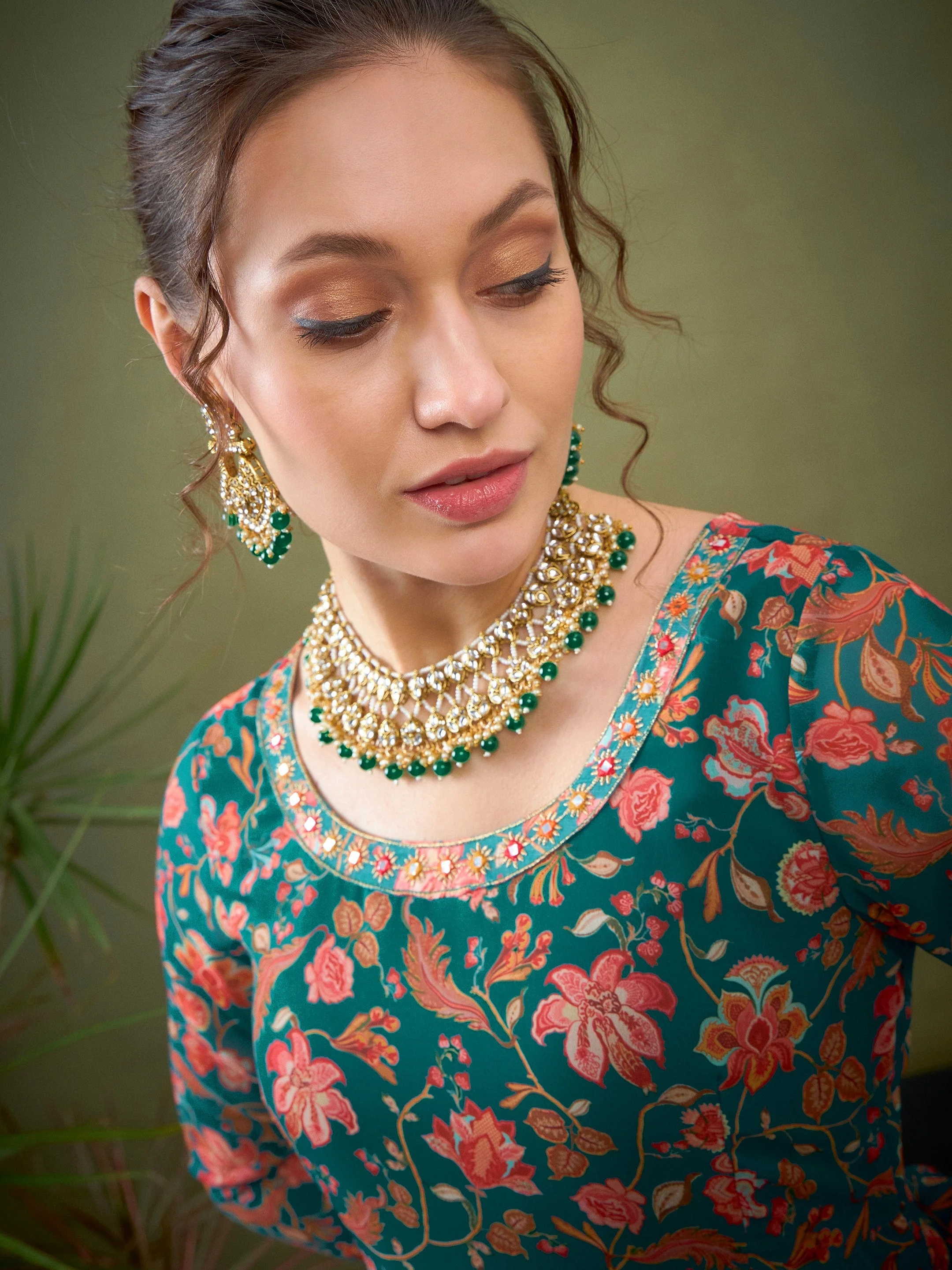 Women Teal Green Floral Anarkali Kurta - Image 4