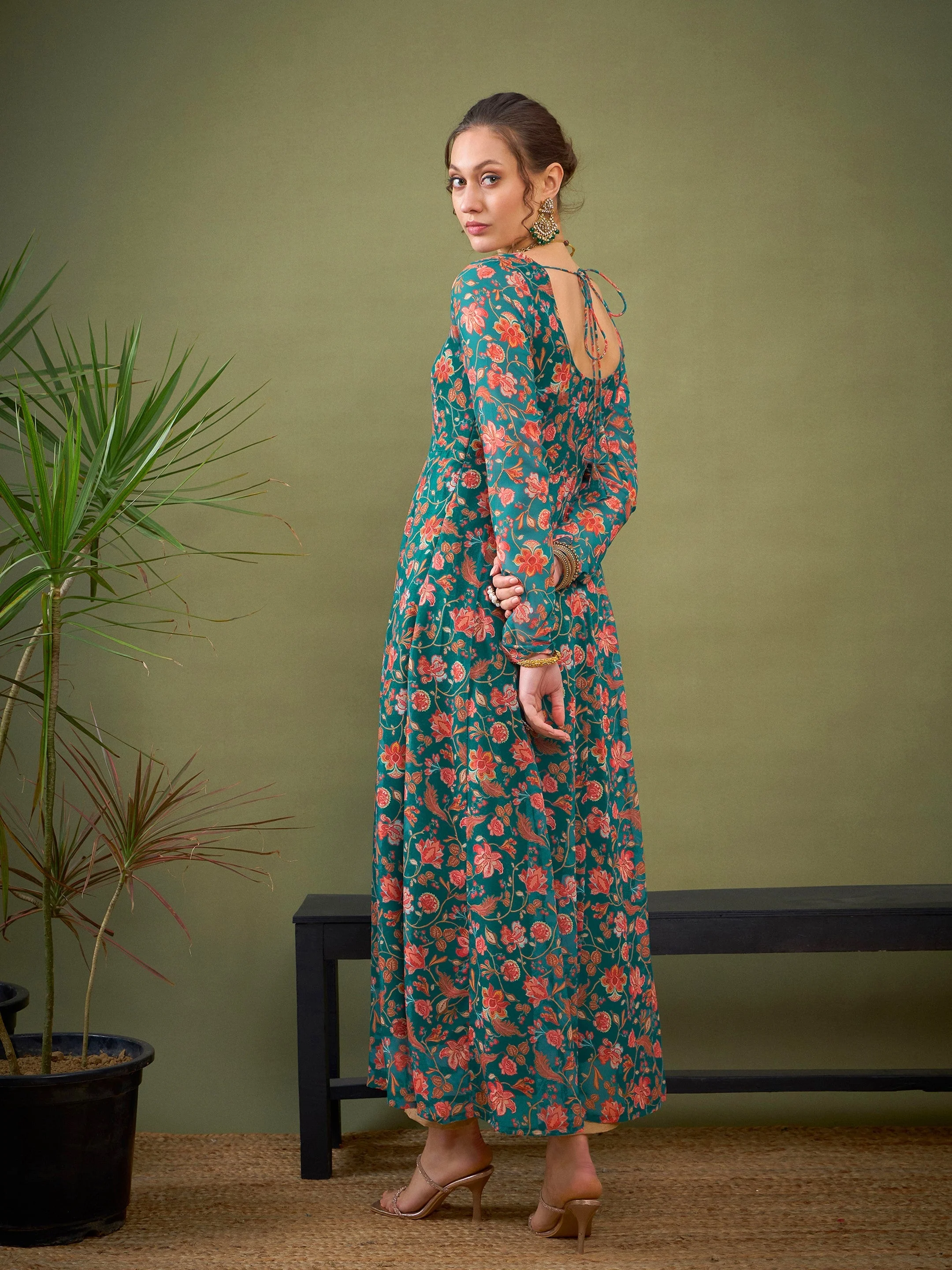 Women Teal Green Floral Anarkali Kurta - Image 5
