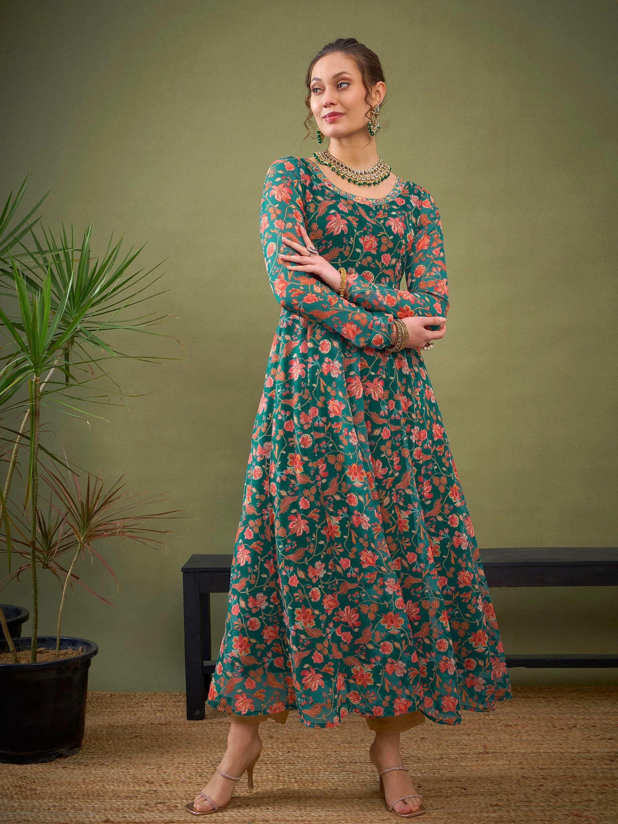 Women Teal Green Floral Anarkali Kurta - Image 6