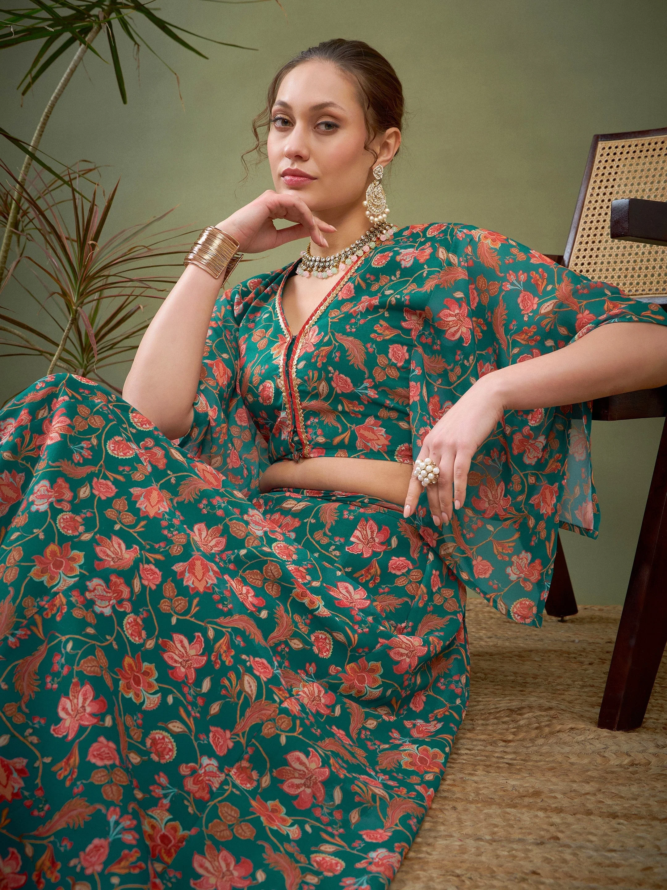 Women Teal Green Floral Anarkali Skirt With Crop Blouse - Image 2