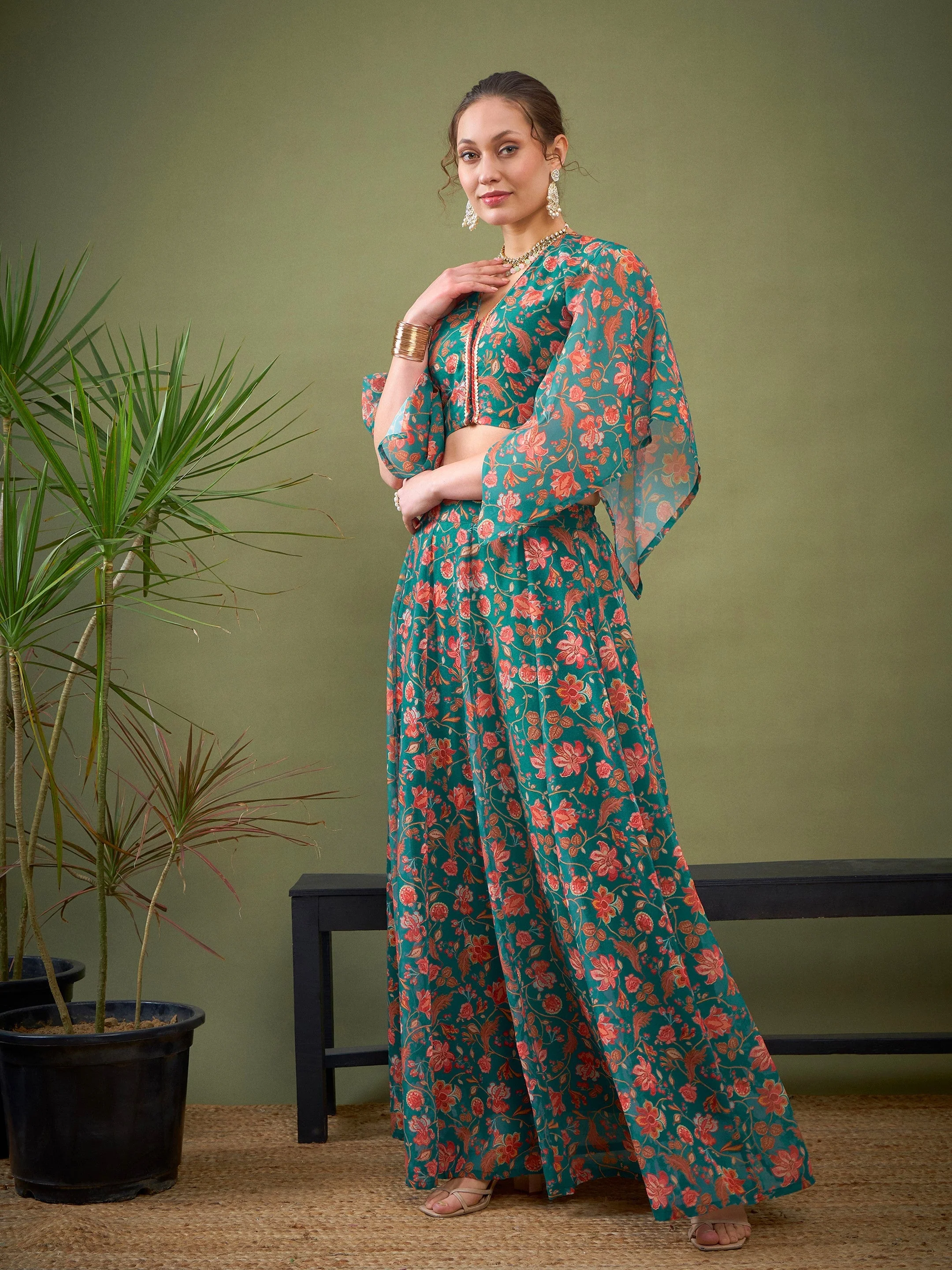 Women Teal Green Floral Anarkali Skirt With Crop Blouse - Image 3