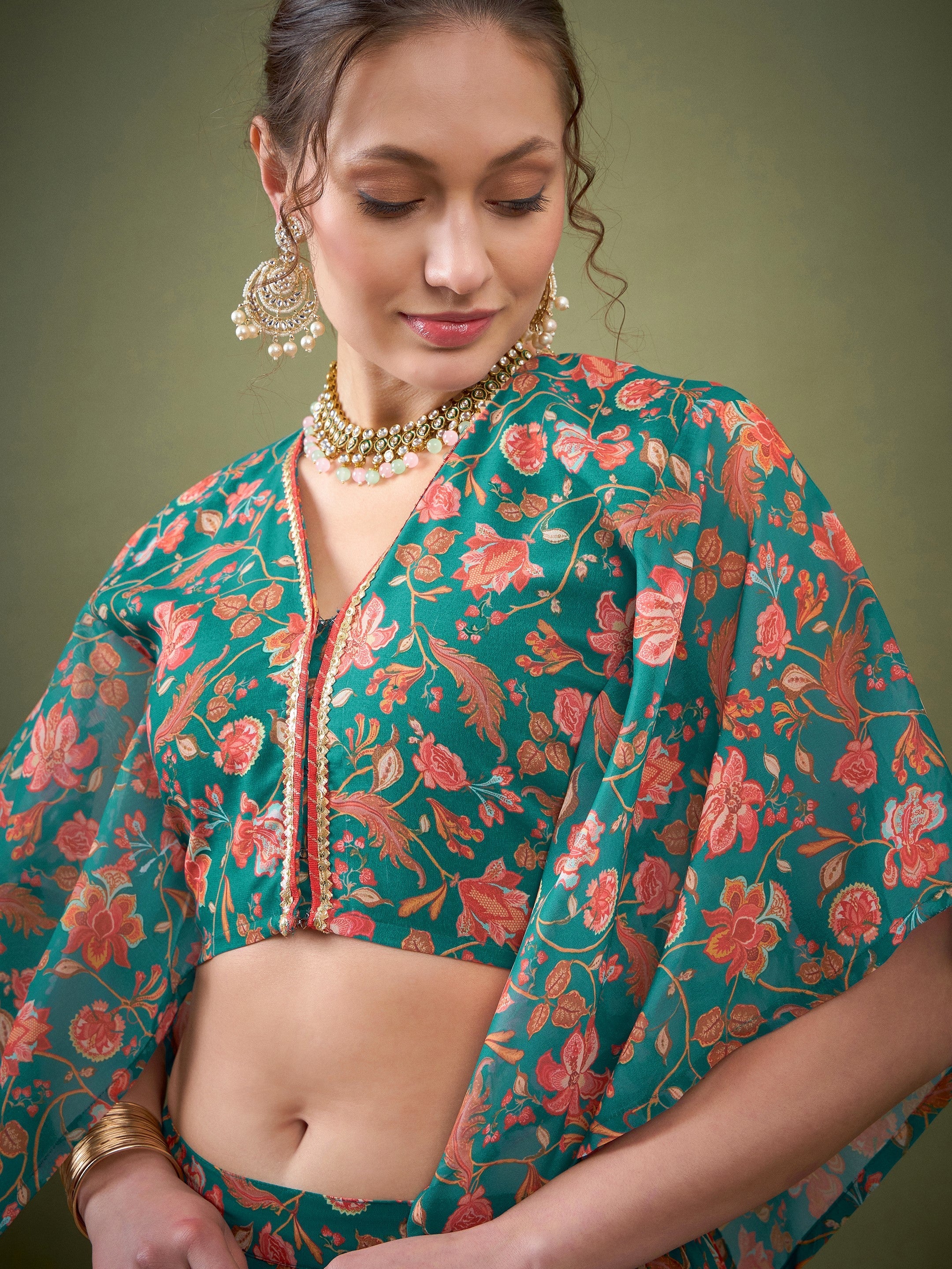 Women Teal Green Floral Anarkali Skirt With Crop Blouse - Image 4