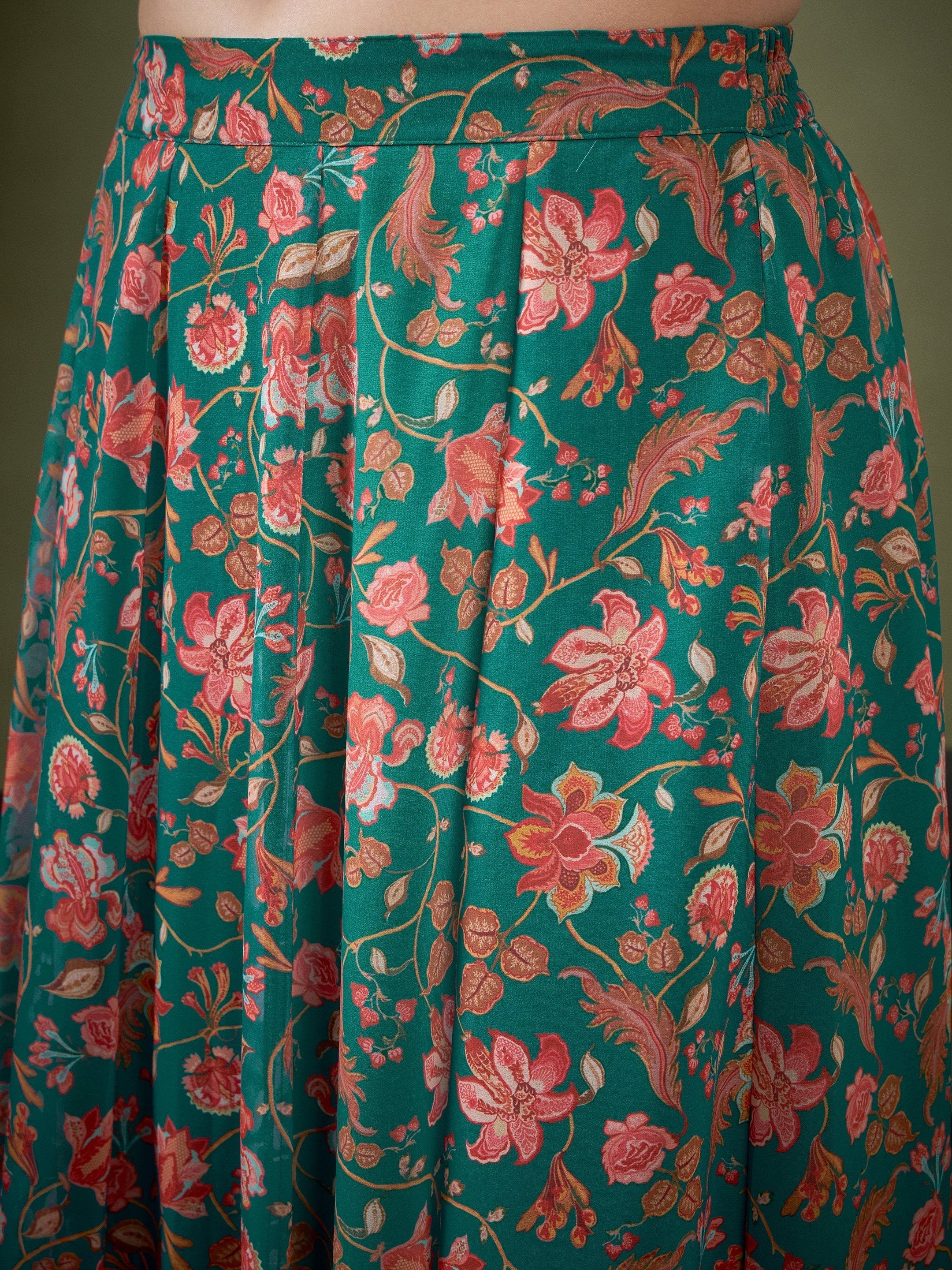 Women Teal Green Floral Anarkali Skirt With Crop Blouse - Image 5