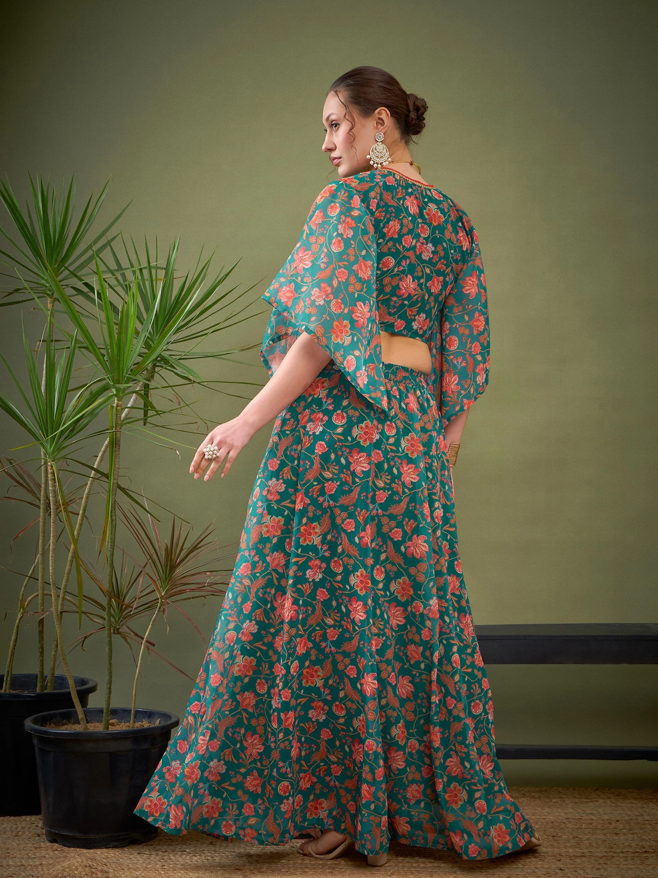 Women Teal Green Floral Anarkali Skirt With Crop Blouse - Image 6