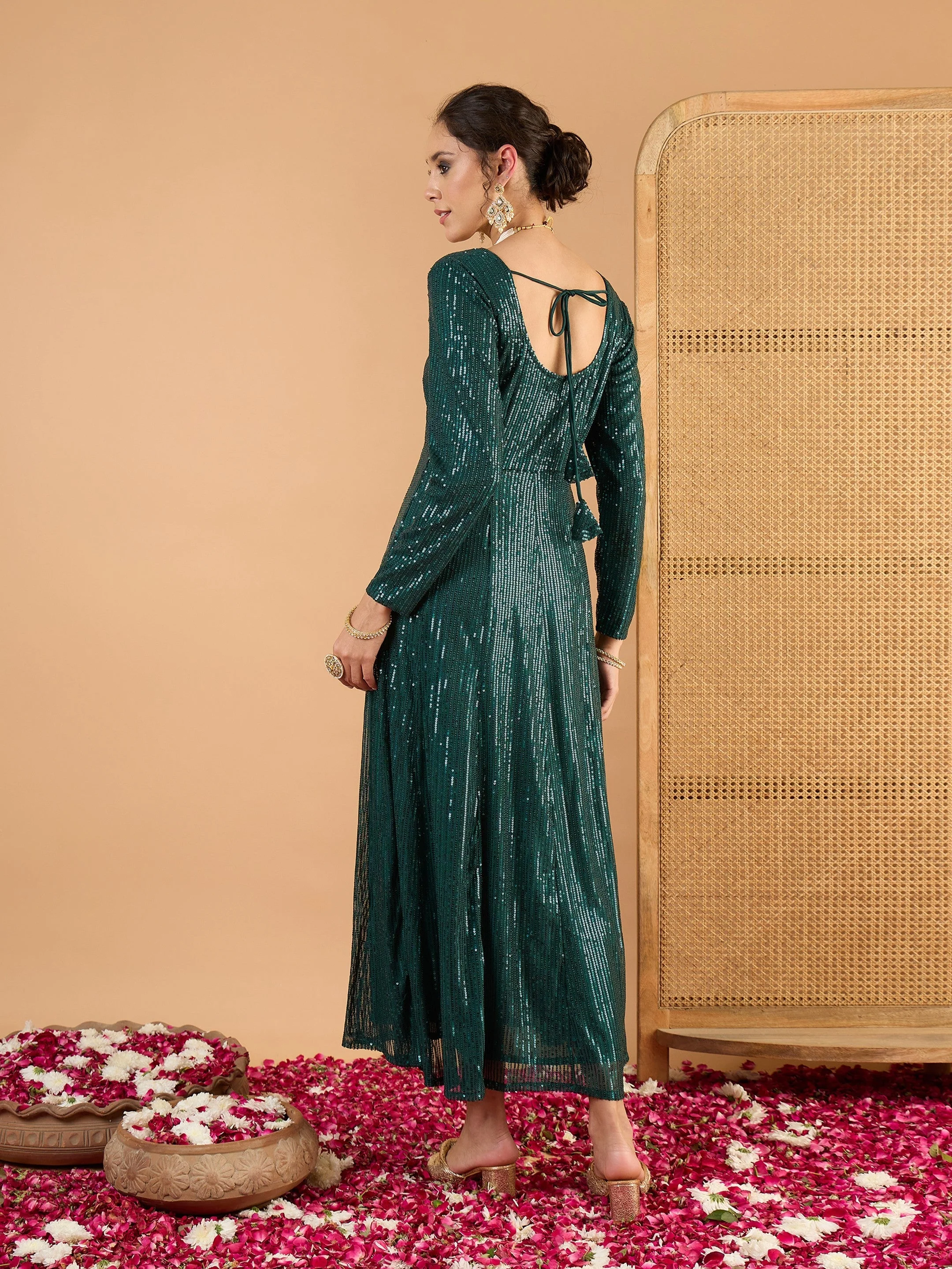 Women Teal Green Sequence  Anarkali Dress - Image 2