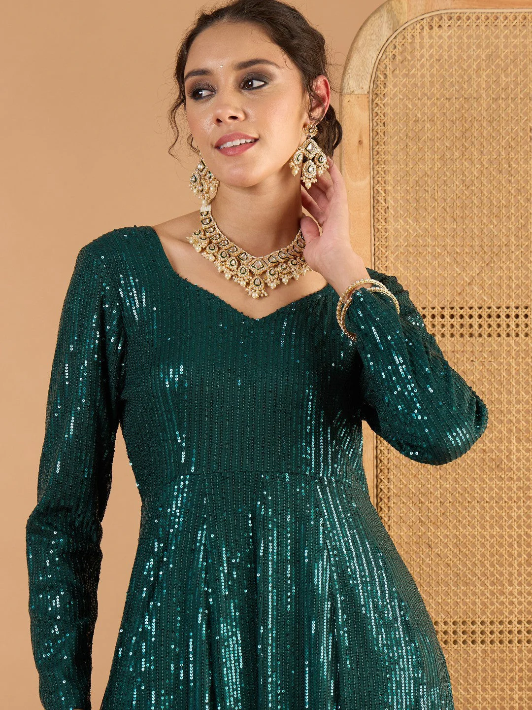 Women Teal Green Sequence  Anarkali Dress - Image 3