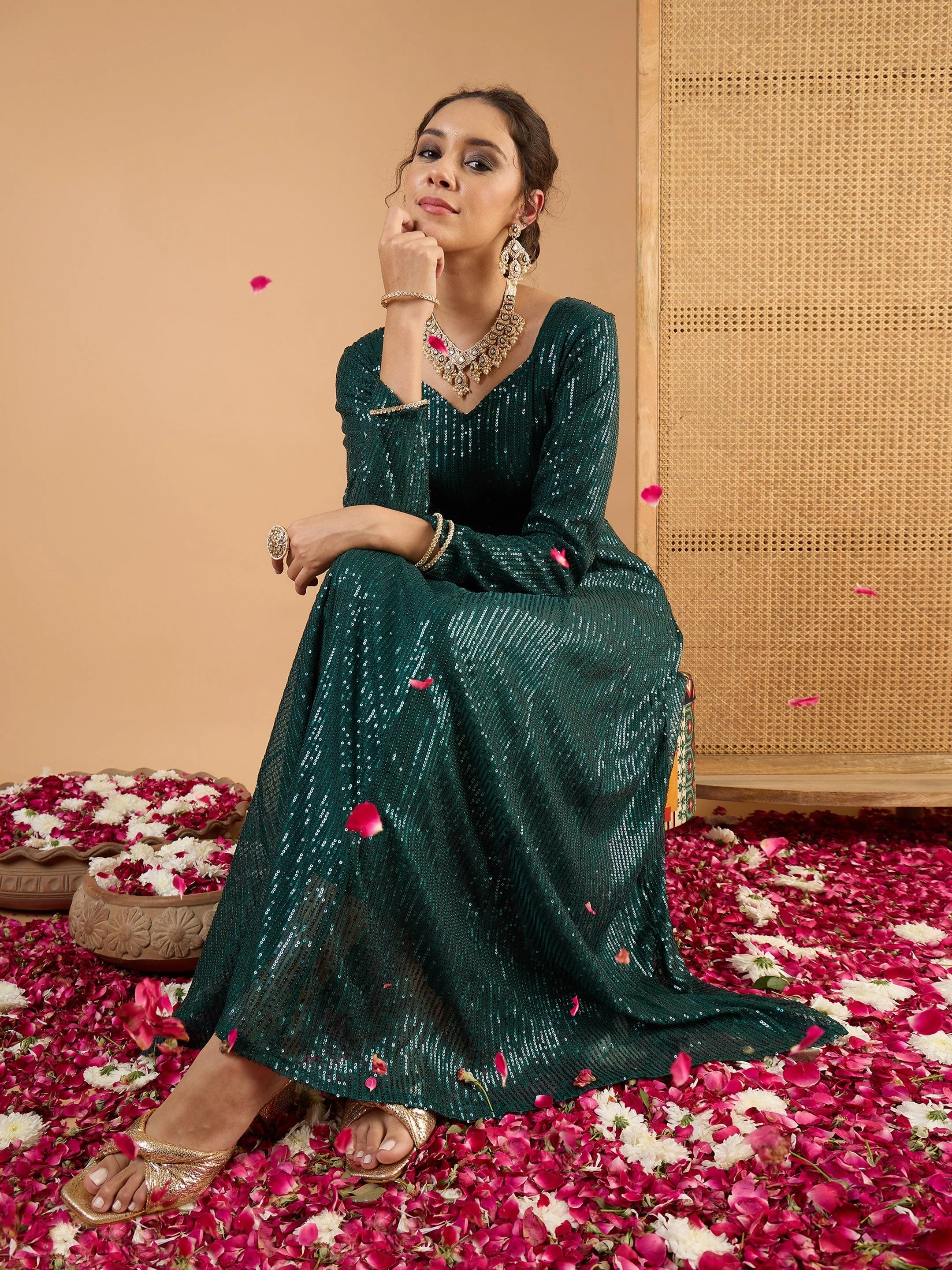 Women Teal Green Sequence  Anarkali Dress - Image 4