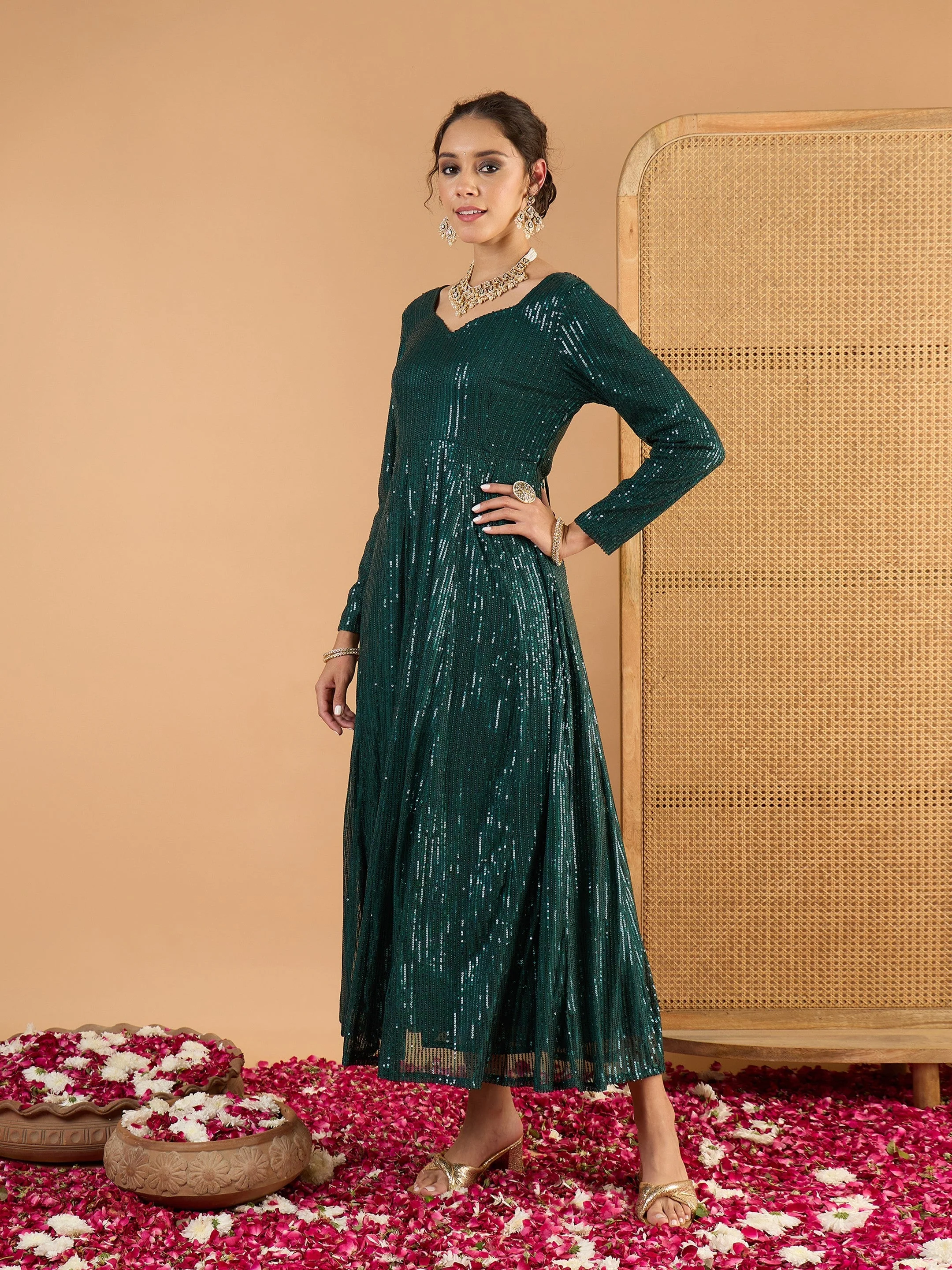 Women Teal Green Sequence  Anarkali Dress - Image 5