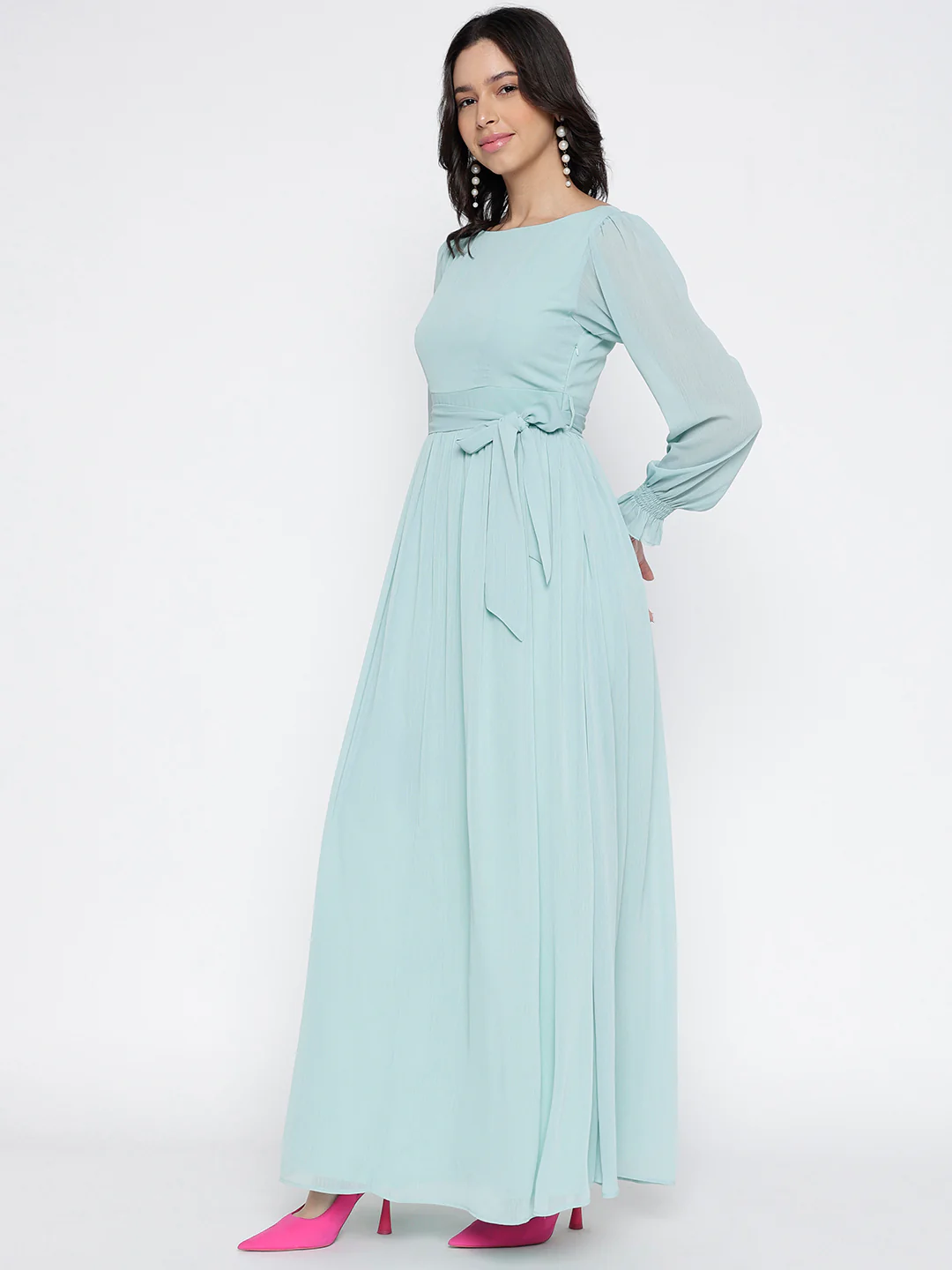 Women Teal Pure Georgette Maxi Dress - Image 4