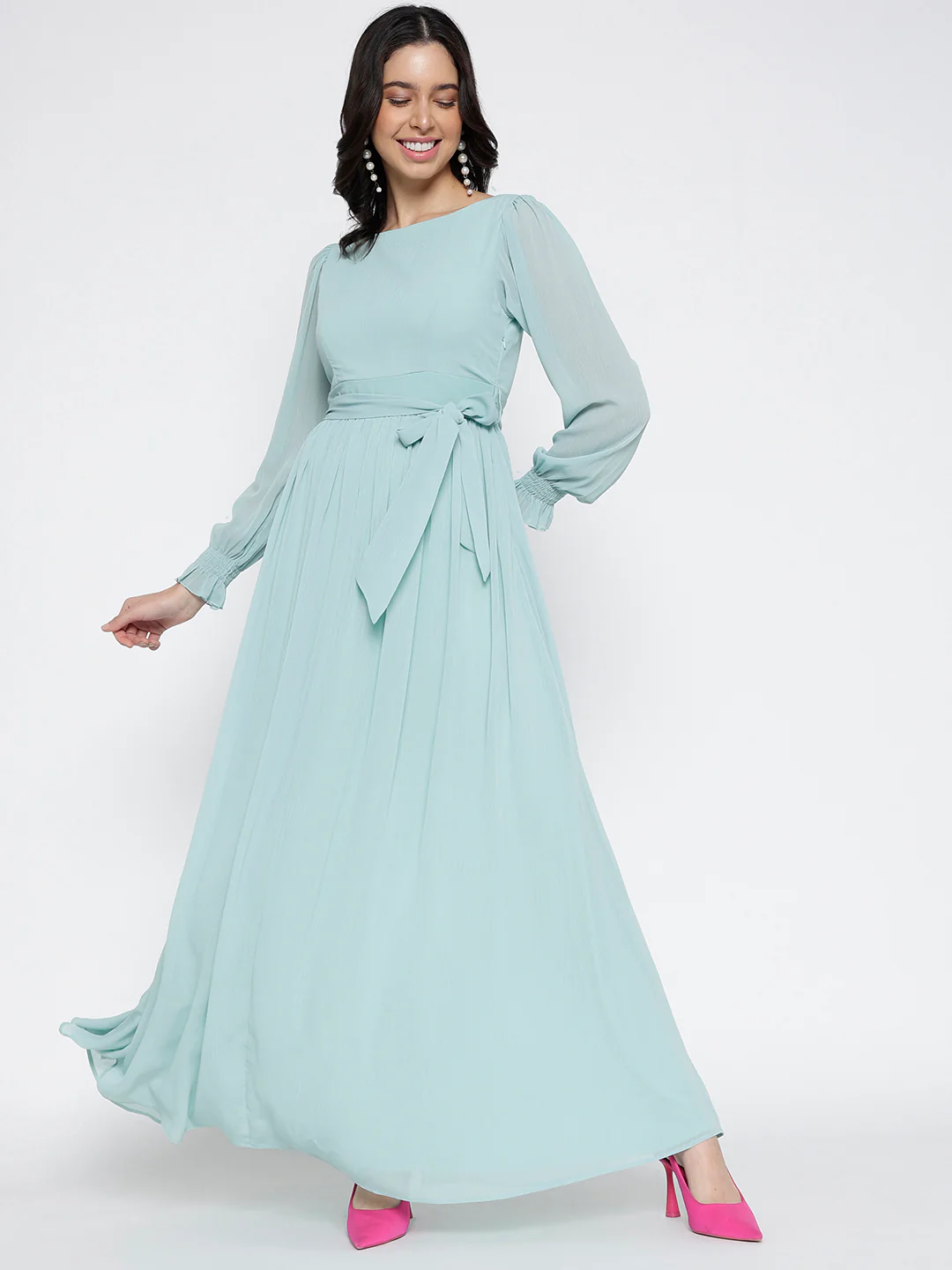 Women Teal Pure Georgette Maxi Dress - Image 5