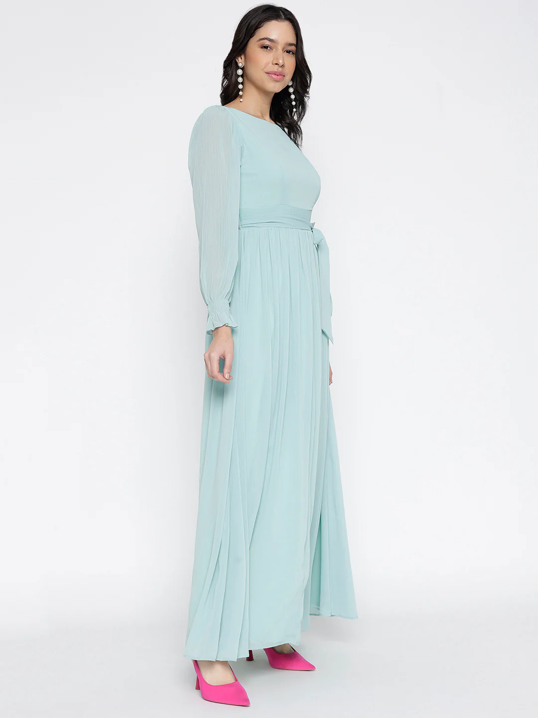 Women Teal Pure Georgette Maxi Dress - Image 6