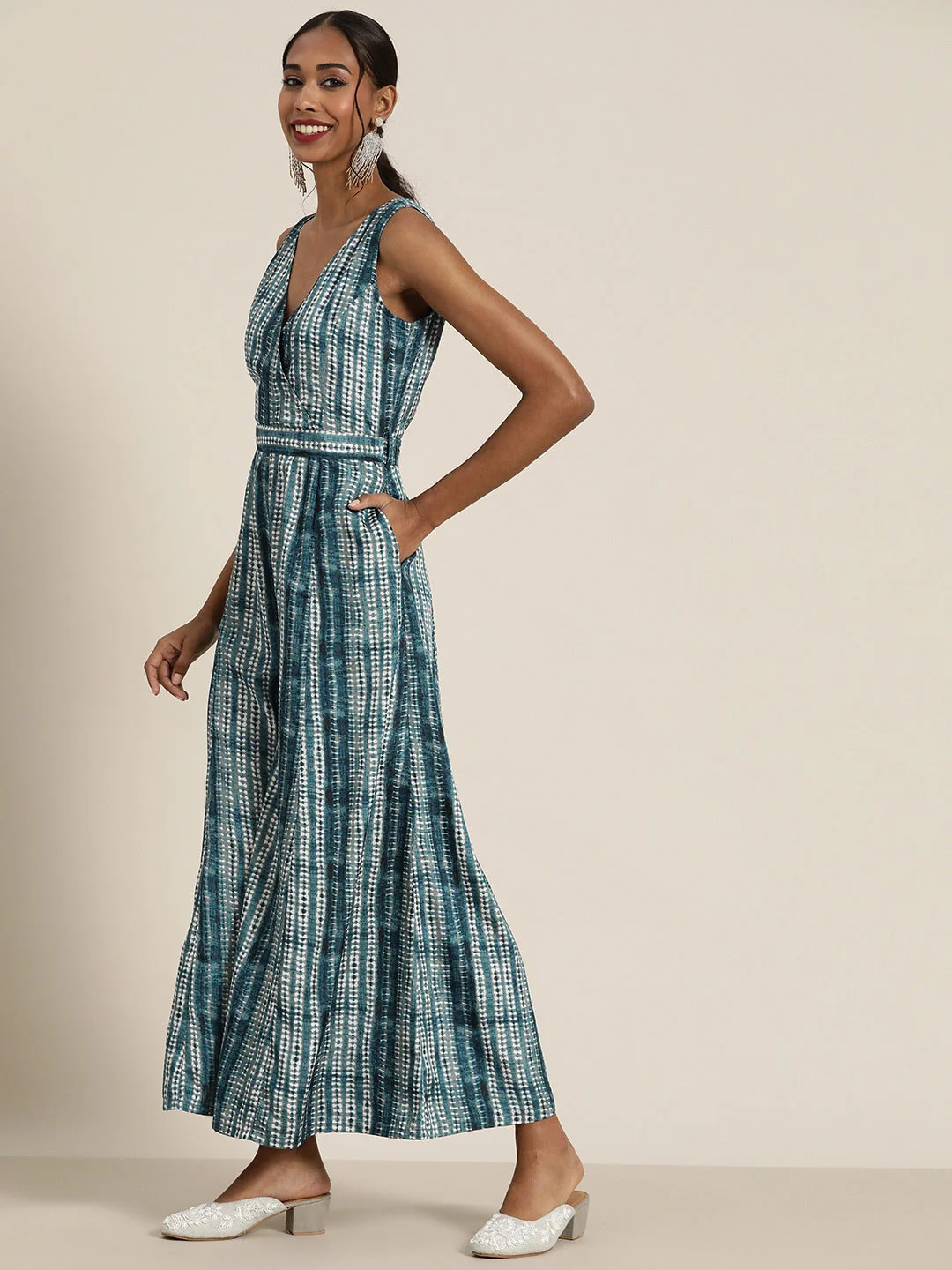 Women Teal Shibori Sleeveless Wrap Jumpsuit - Image 2