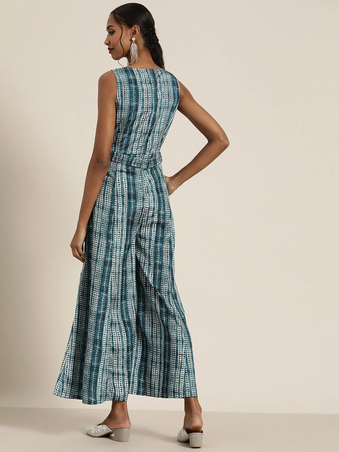 Women Teal Shibori Sleeveless Wrap Jumpsuit - Image 3