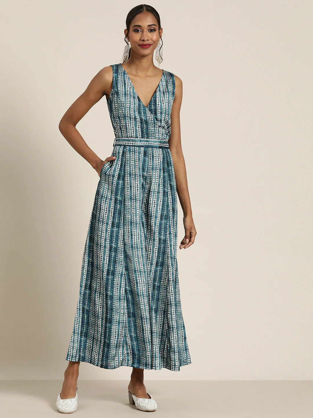 Women Teal Shibori Sleeveless Wrap Jumpsuit - Image 4