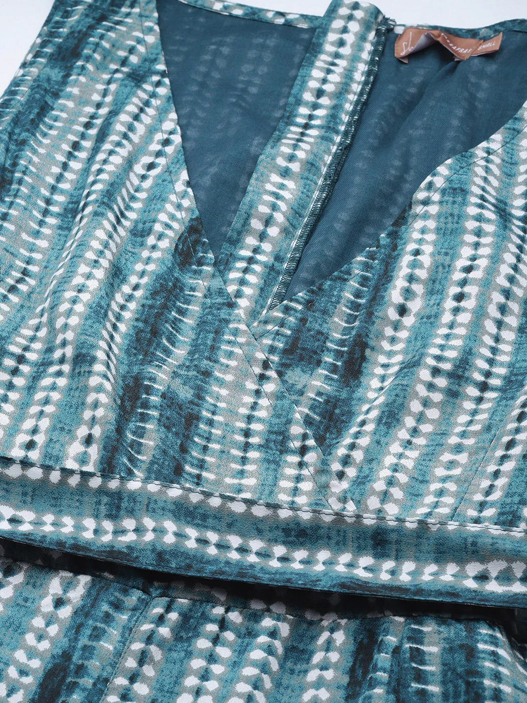 Women Teal Shibori Sleeveless Wrap Jumpsuit - Image 6