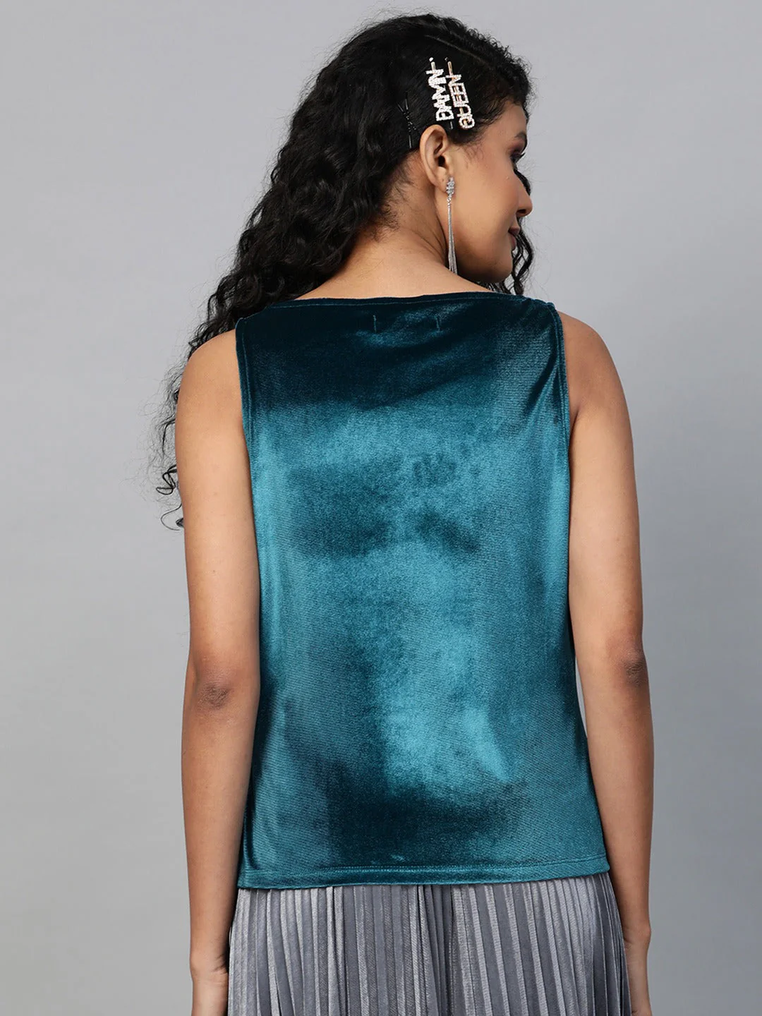 Women Teal Velvet Cowl Neck Top - Image 3