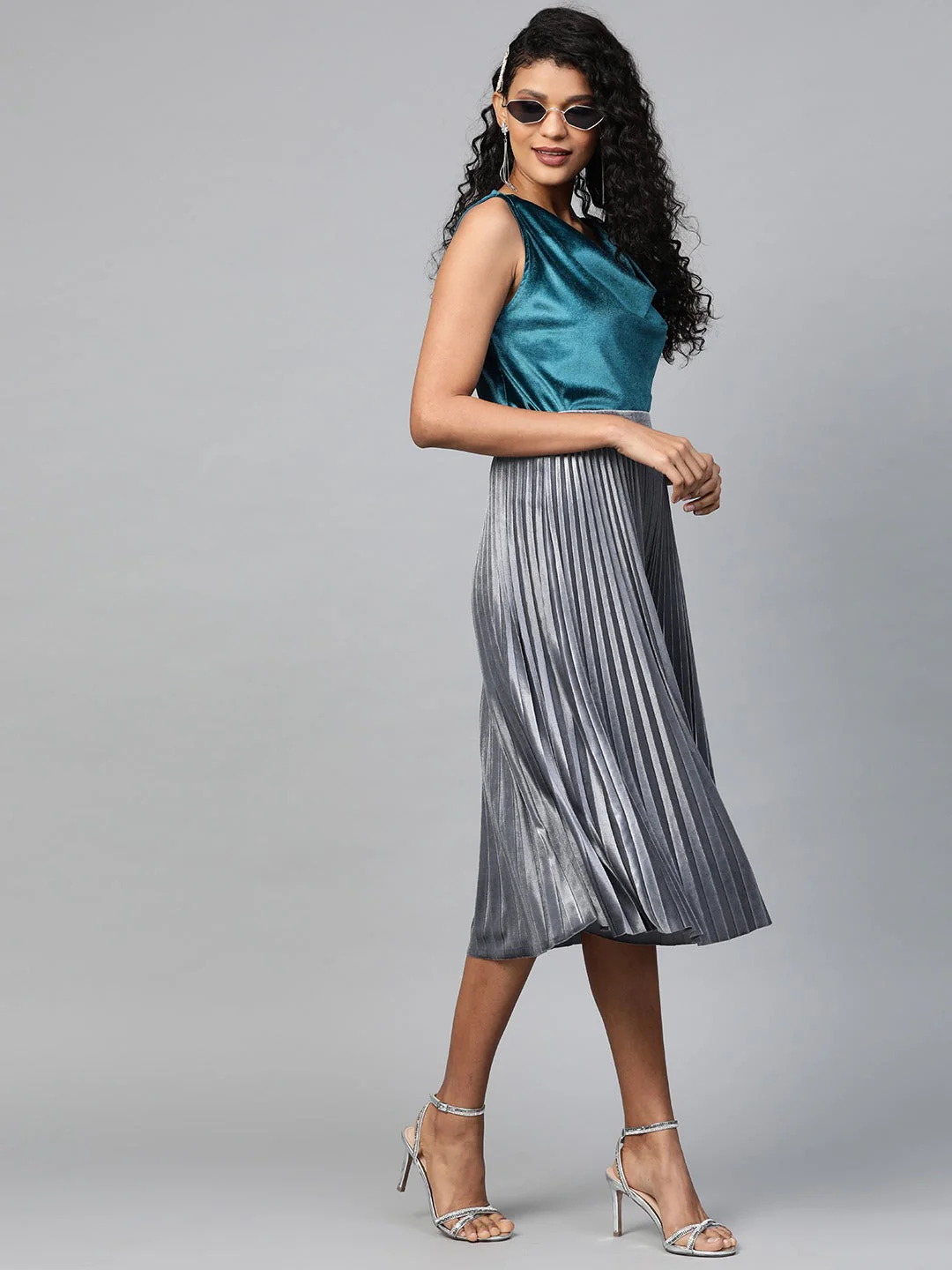 Women Teal Velvet Cowl Neck Top - Image 4