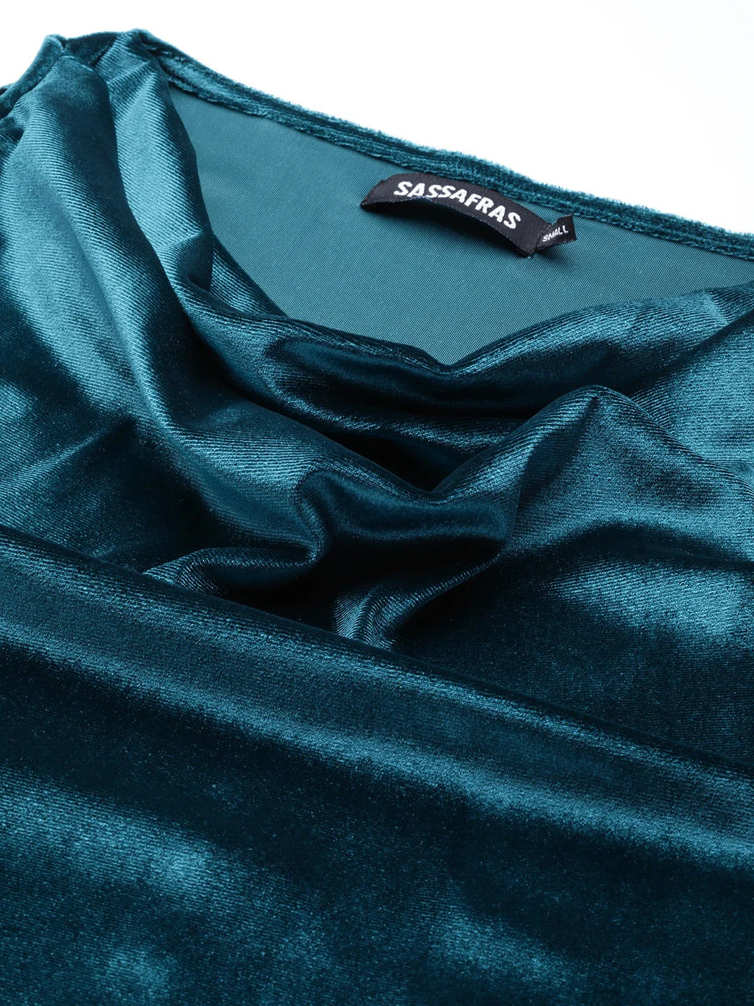 Women Teal Velvet Cowl Neck Top - Image 5
