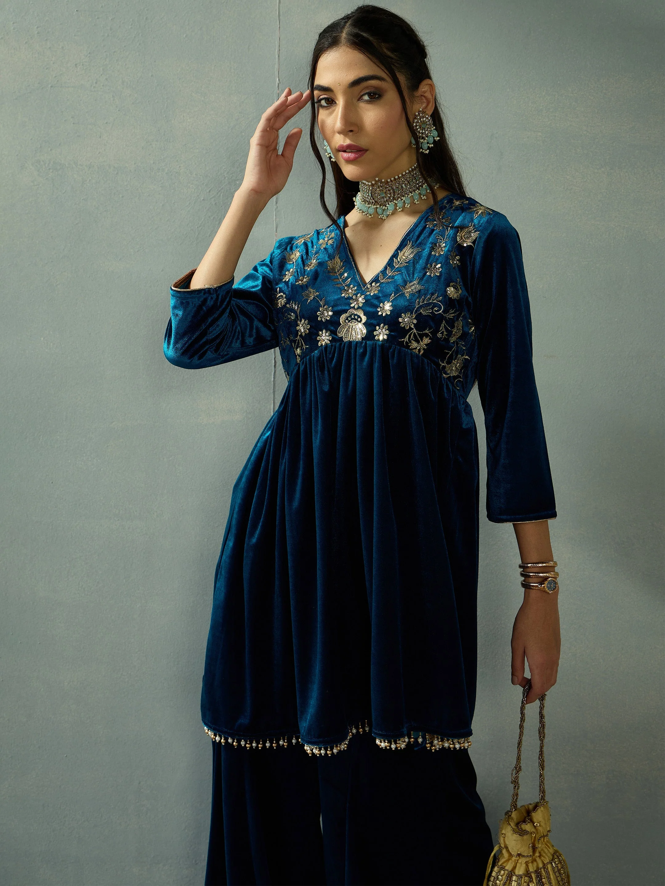 Women Teal Velvet Embroidered Peplum Top With Palazzos - Image 2
