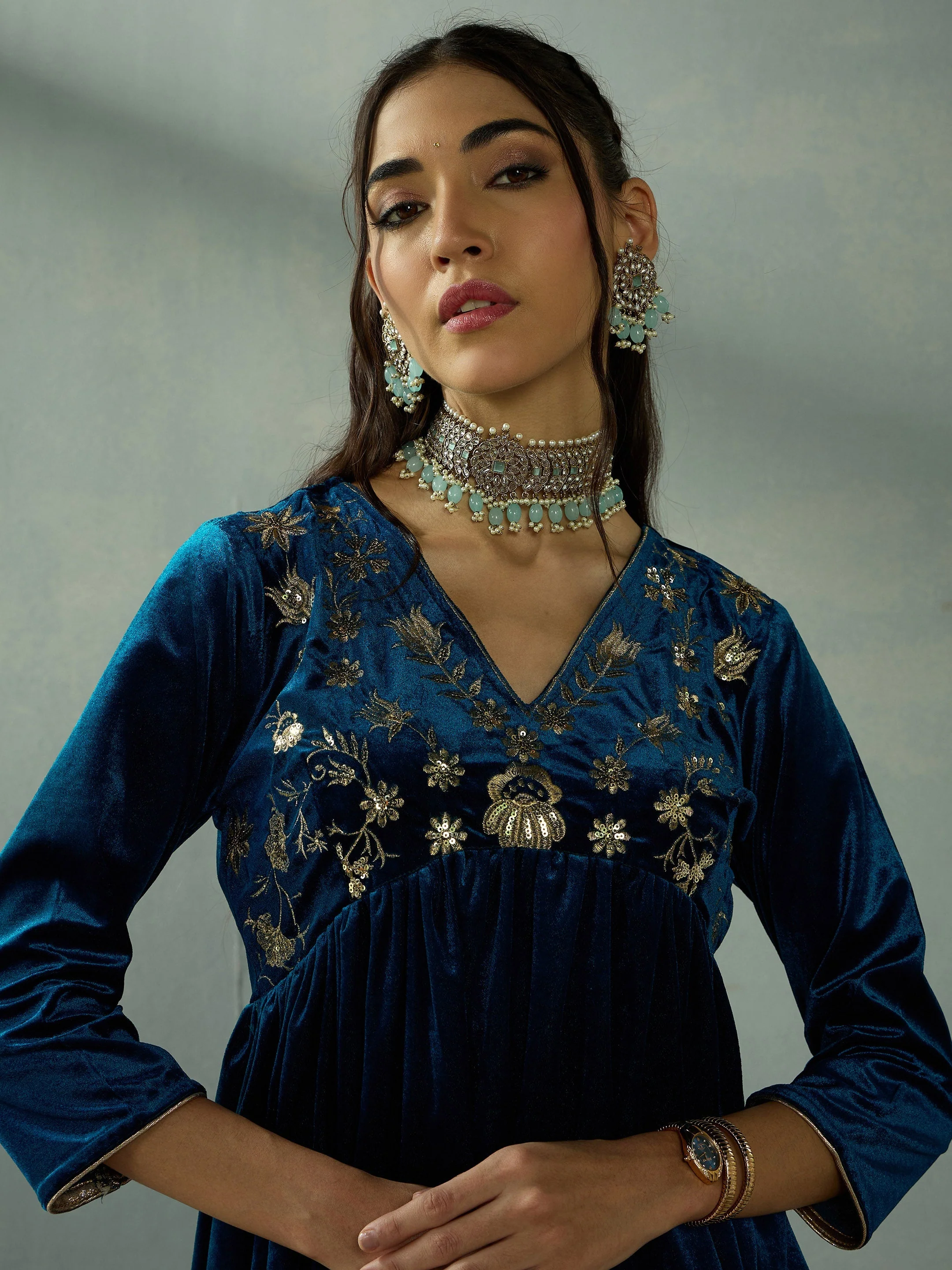 Women Teal Velvet Embroidered Peplum Top With Palazzos - Image 4