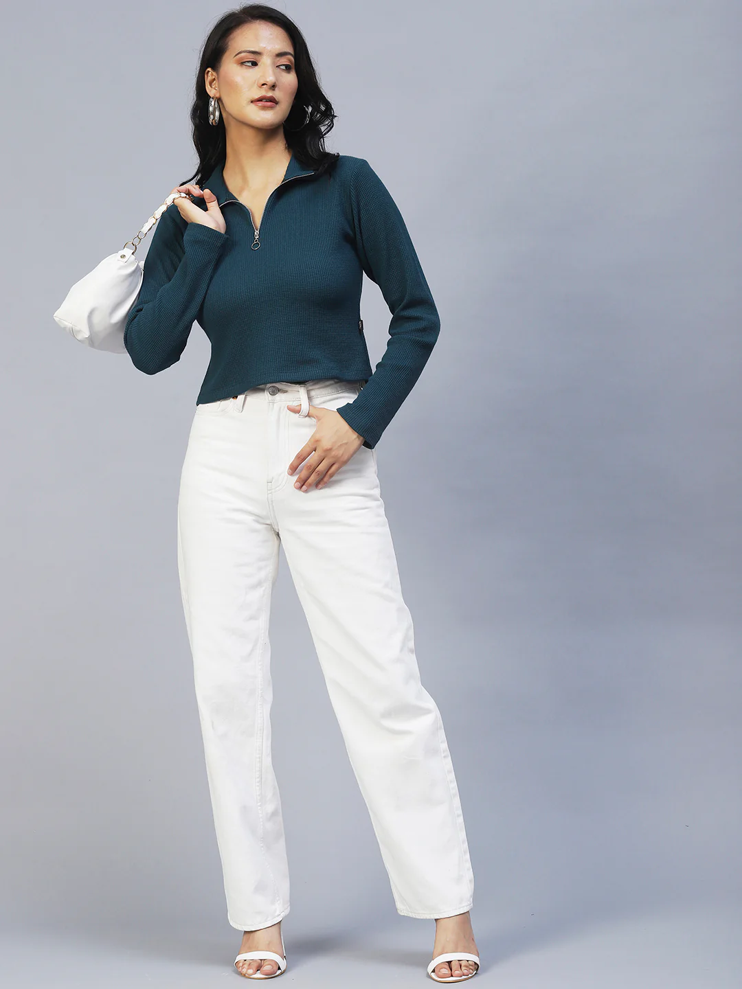 Women Teal Waffle Crop Top - Image 2