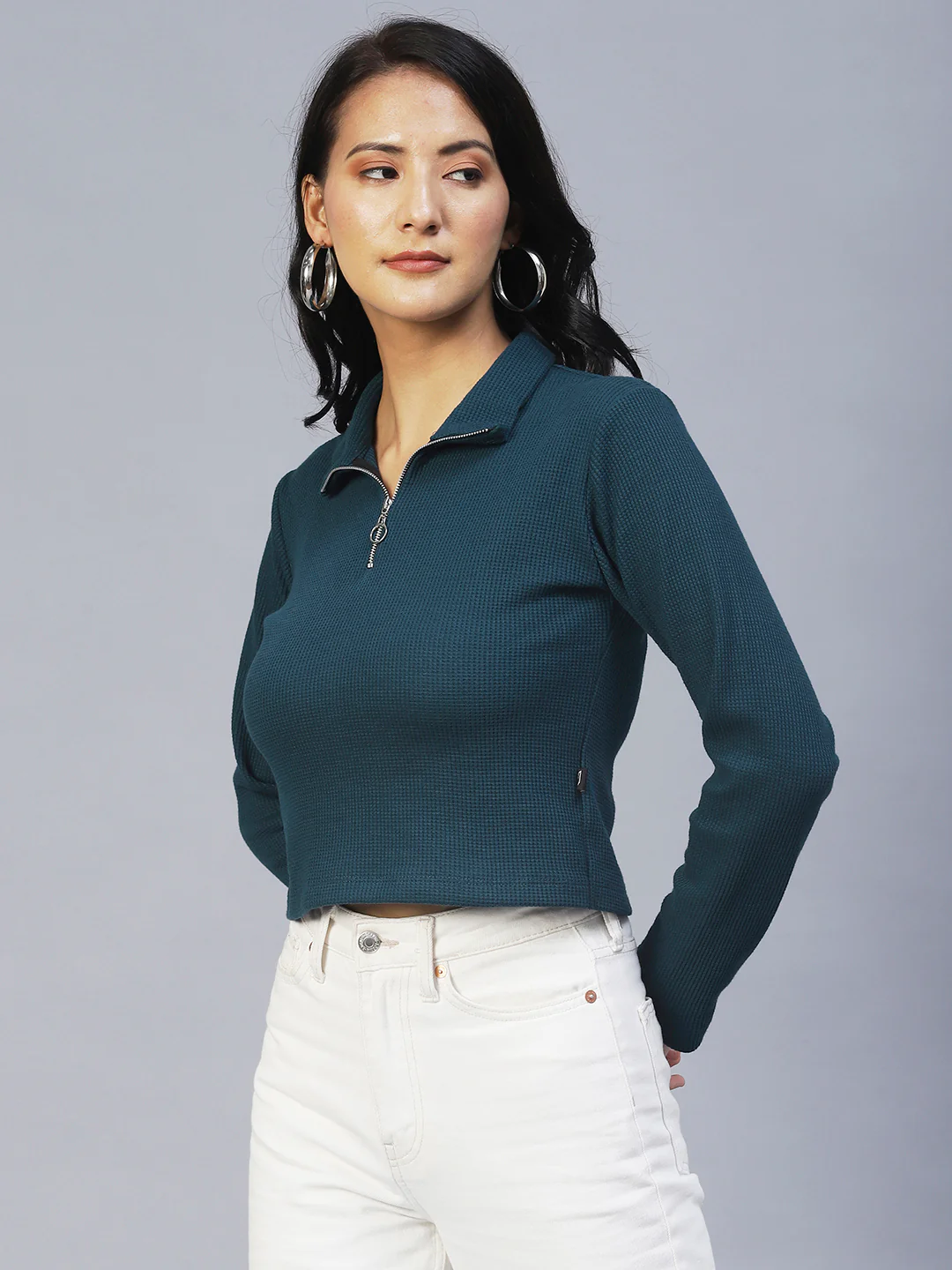 Women Teal Waffle Crop Top - Image 3