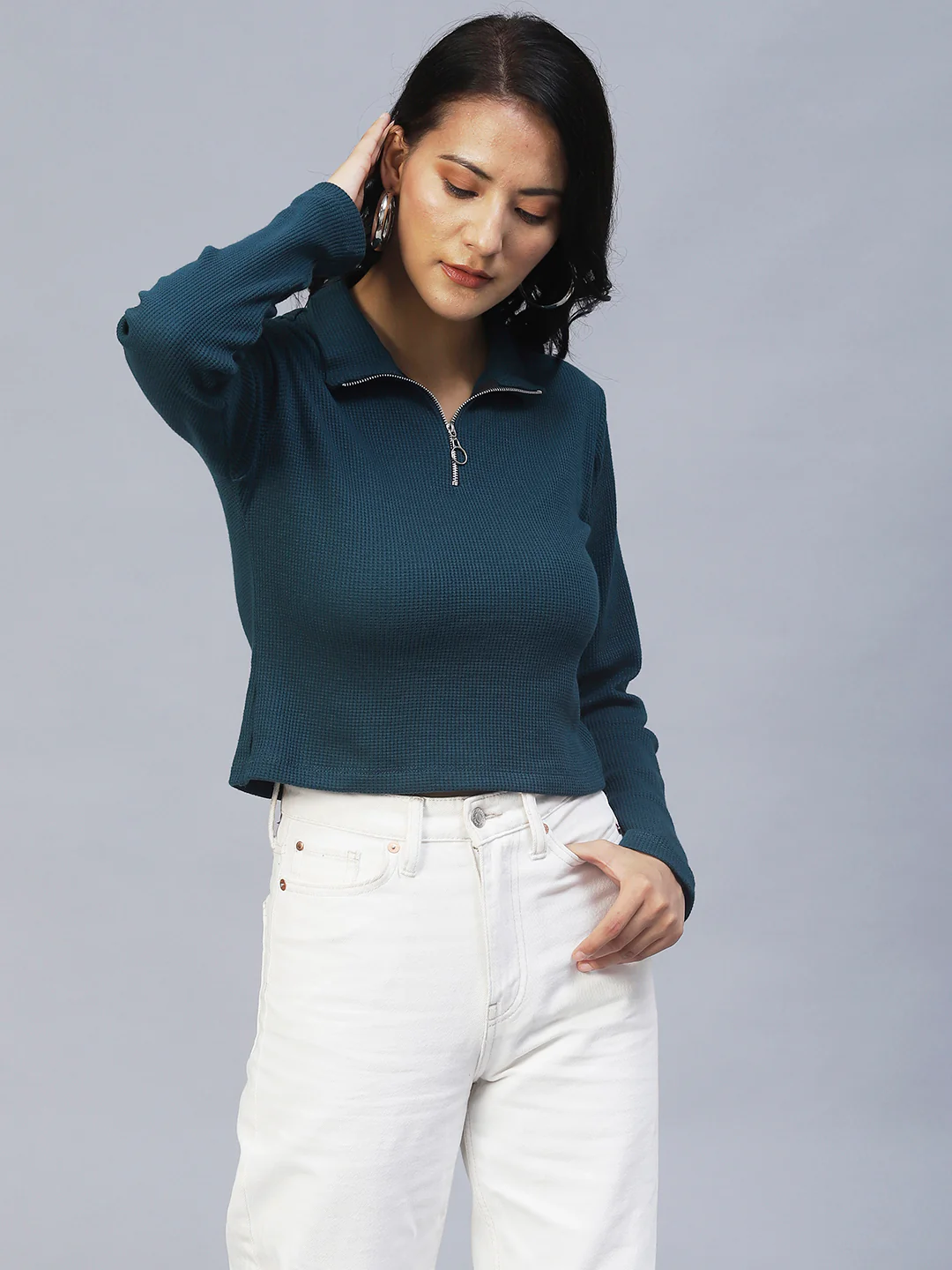 Women Teal Waffle Crop Top - Image 4