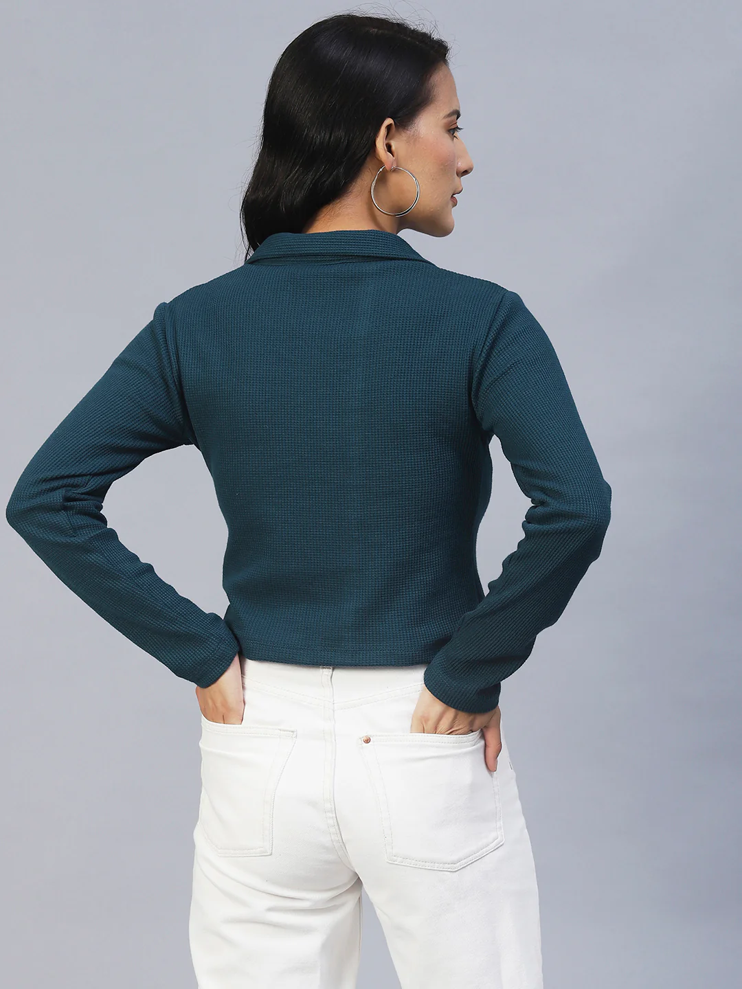 Women Teal Waffle Crop Top - Image 5