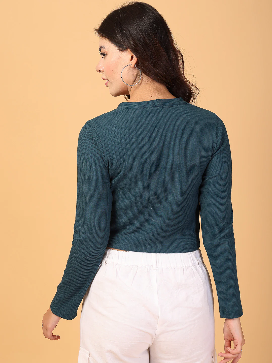 Women Teal Waffle Crop Top - Image 2