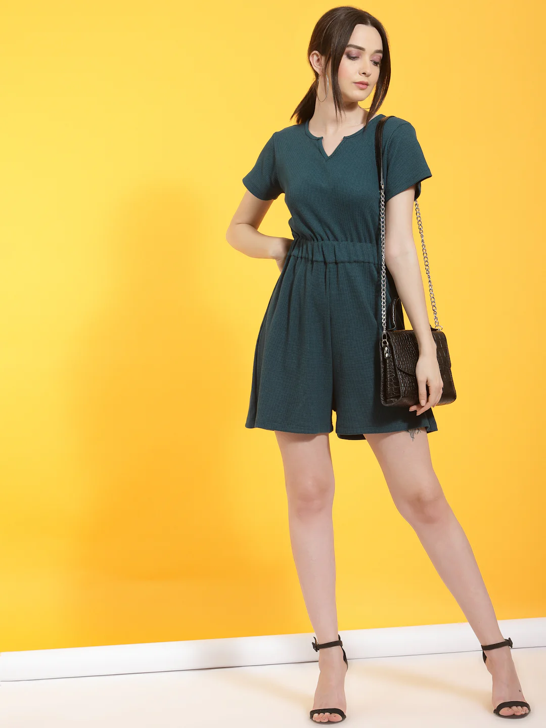 Women Teal Waffle Knit Playsuit - Image 2