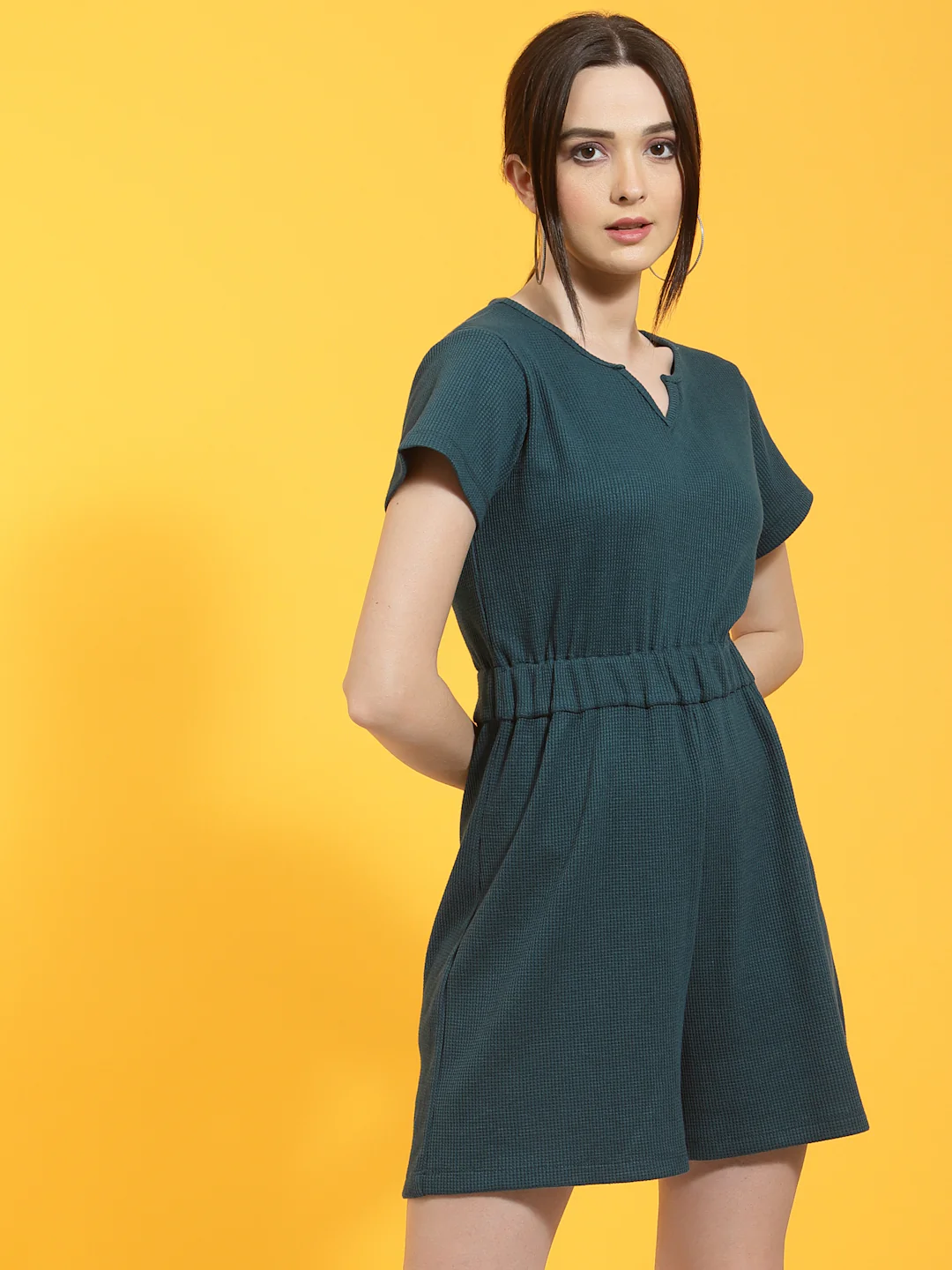 Women Teal Waffle Knit Playsuit - Image 3