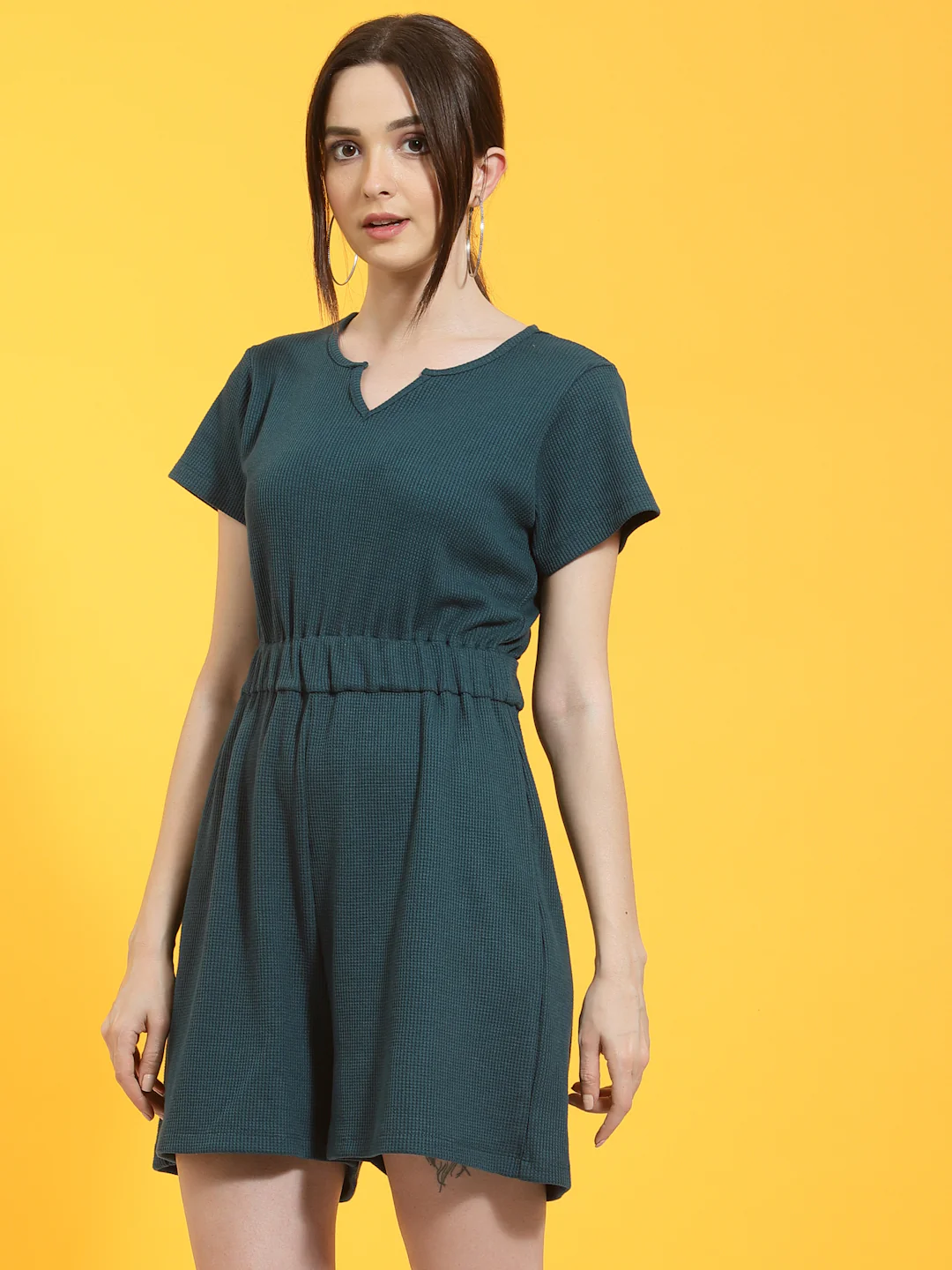 Women Teal Waffle Knit Playsuit - Image 4