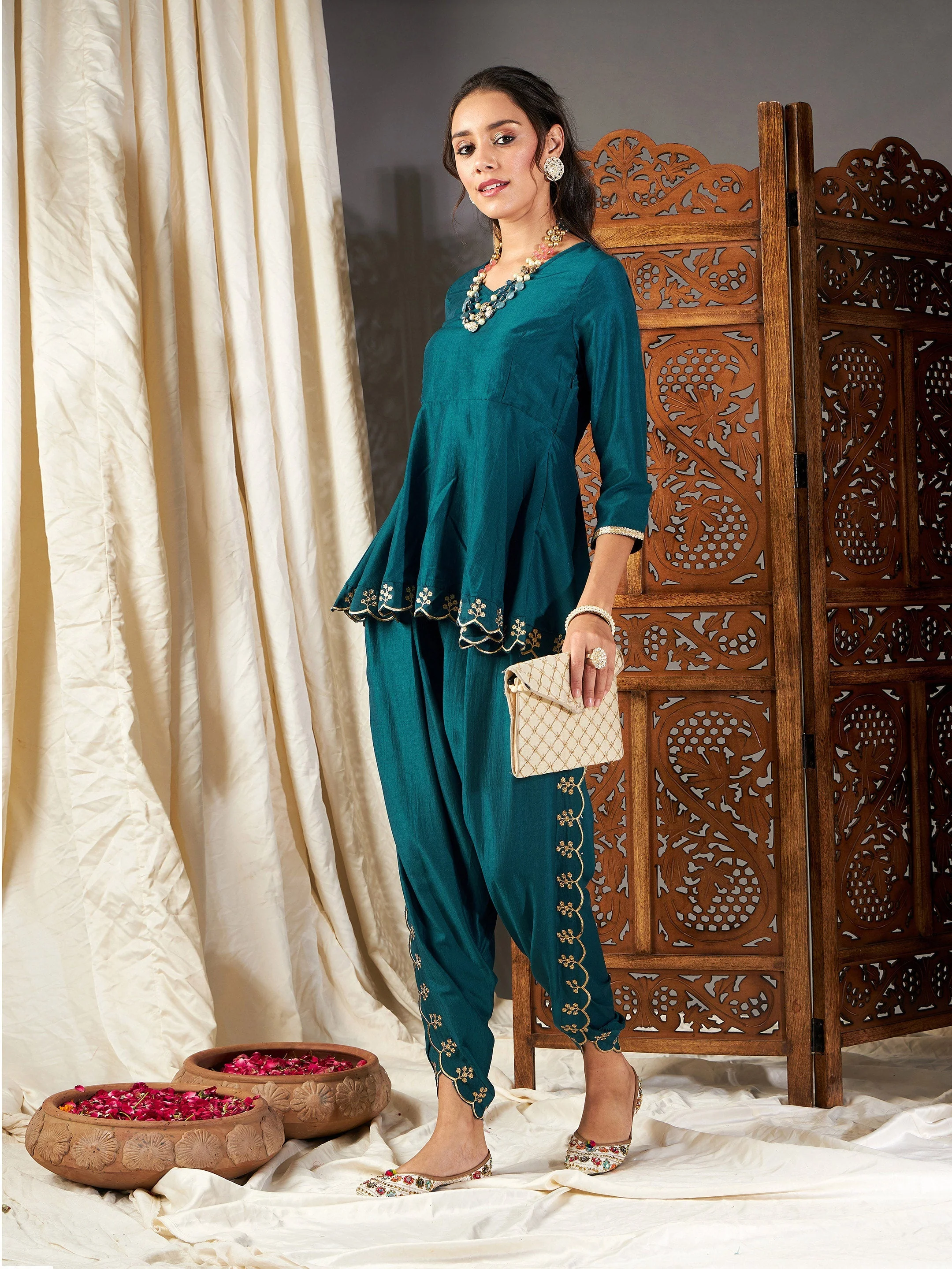 Women Teal Zari Embroidered Peplum Top - Image 2