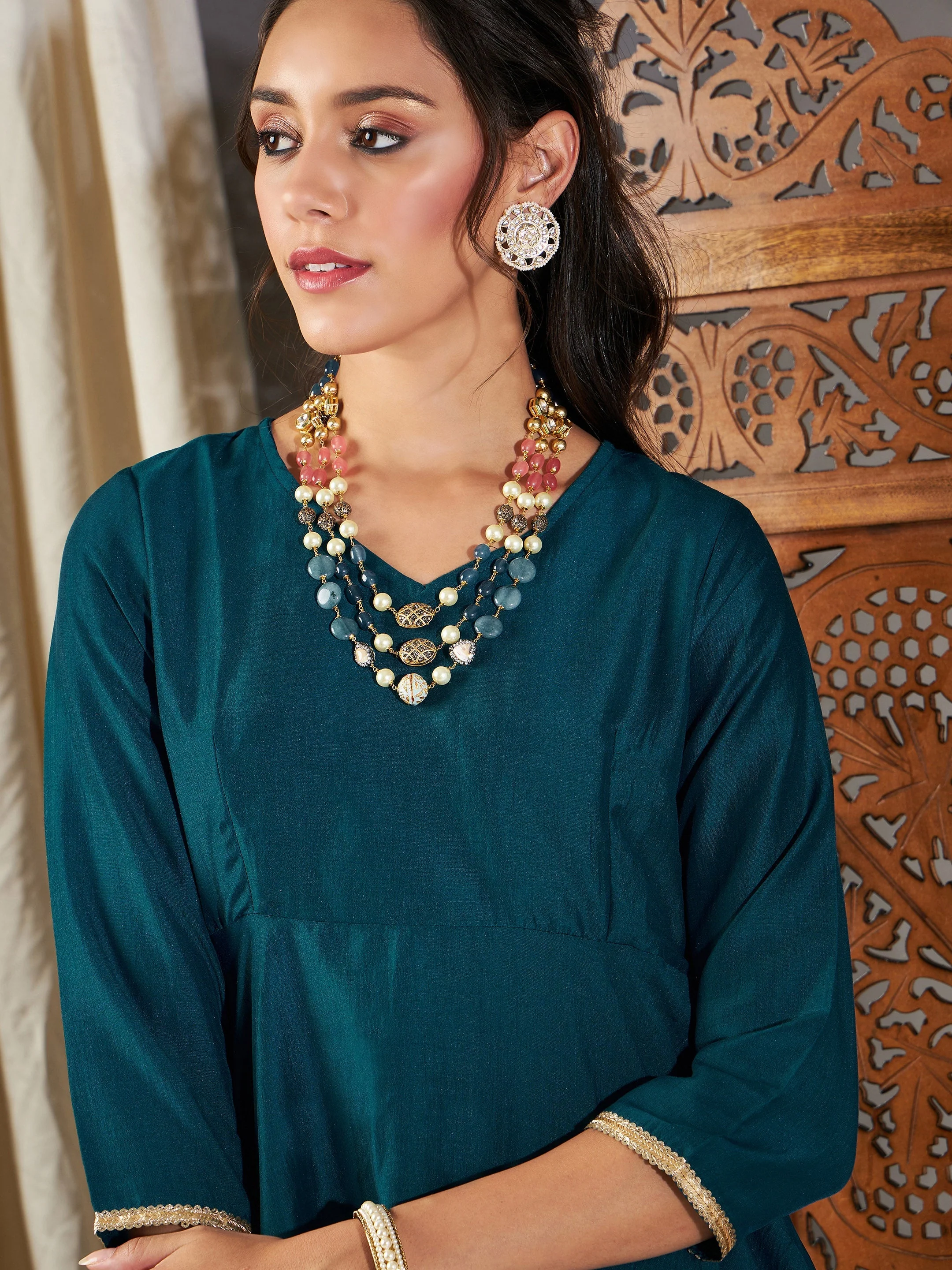 Women Teal Zari Embroidered Peplum Top - Image 4