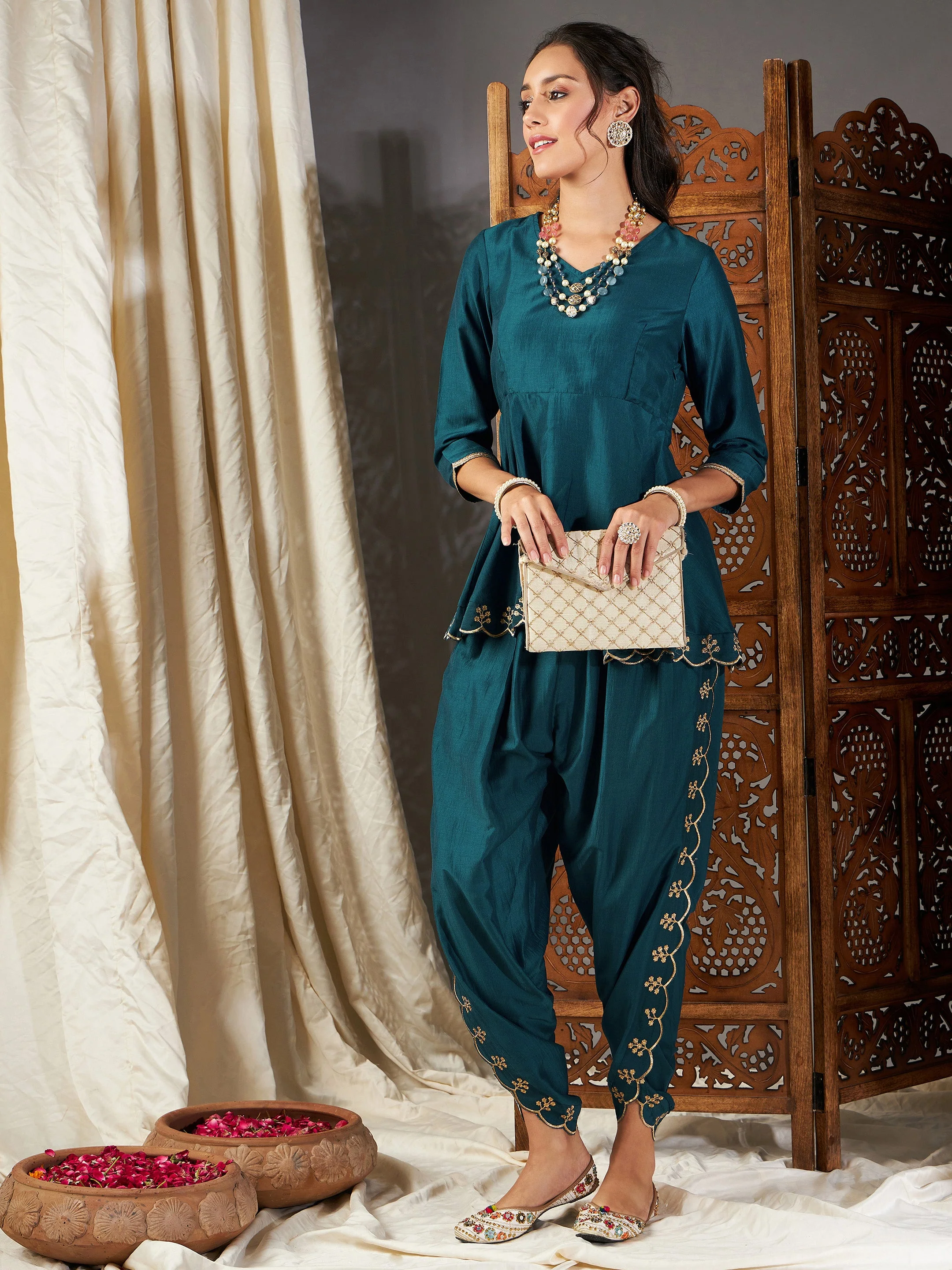 Women Teal Zari Embroidered Peplum Top - Image 6