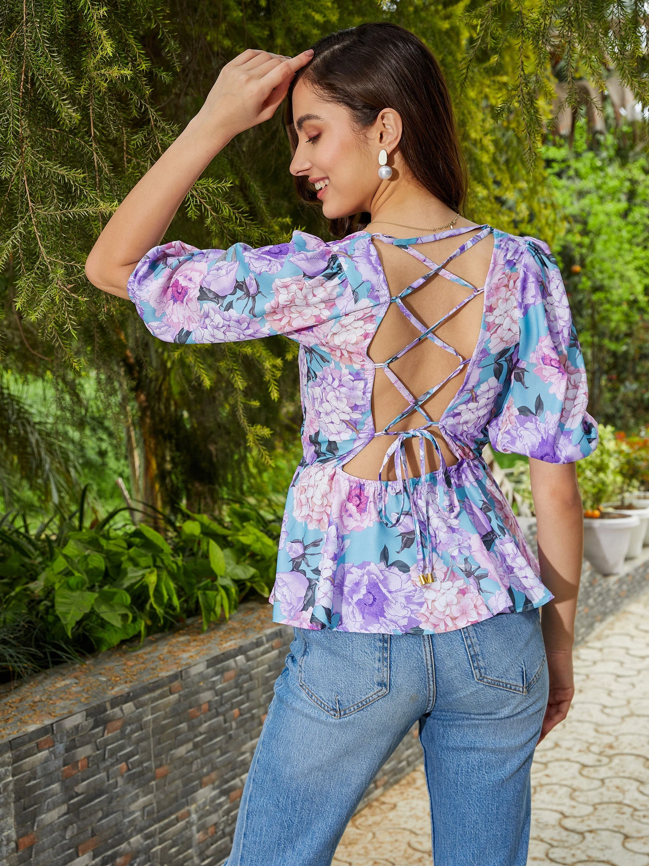 Women Turquoise Floral Back Criss Cross Peplum Top - Image 2