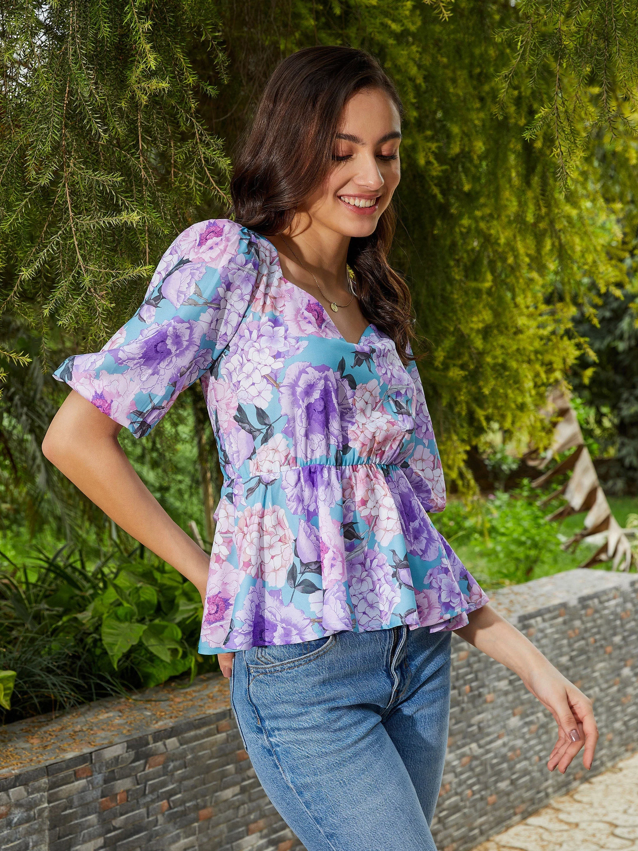 Women Turquoise Floral Back Criss Cross Peplum Top - Image 4