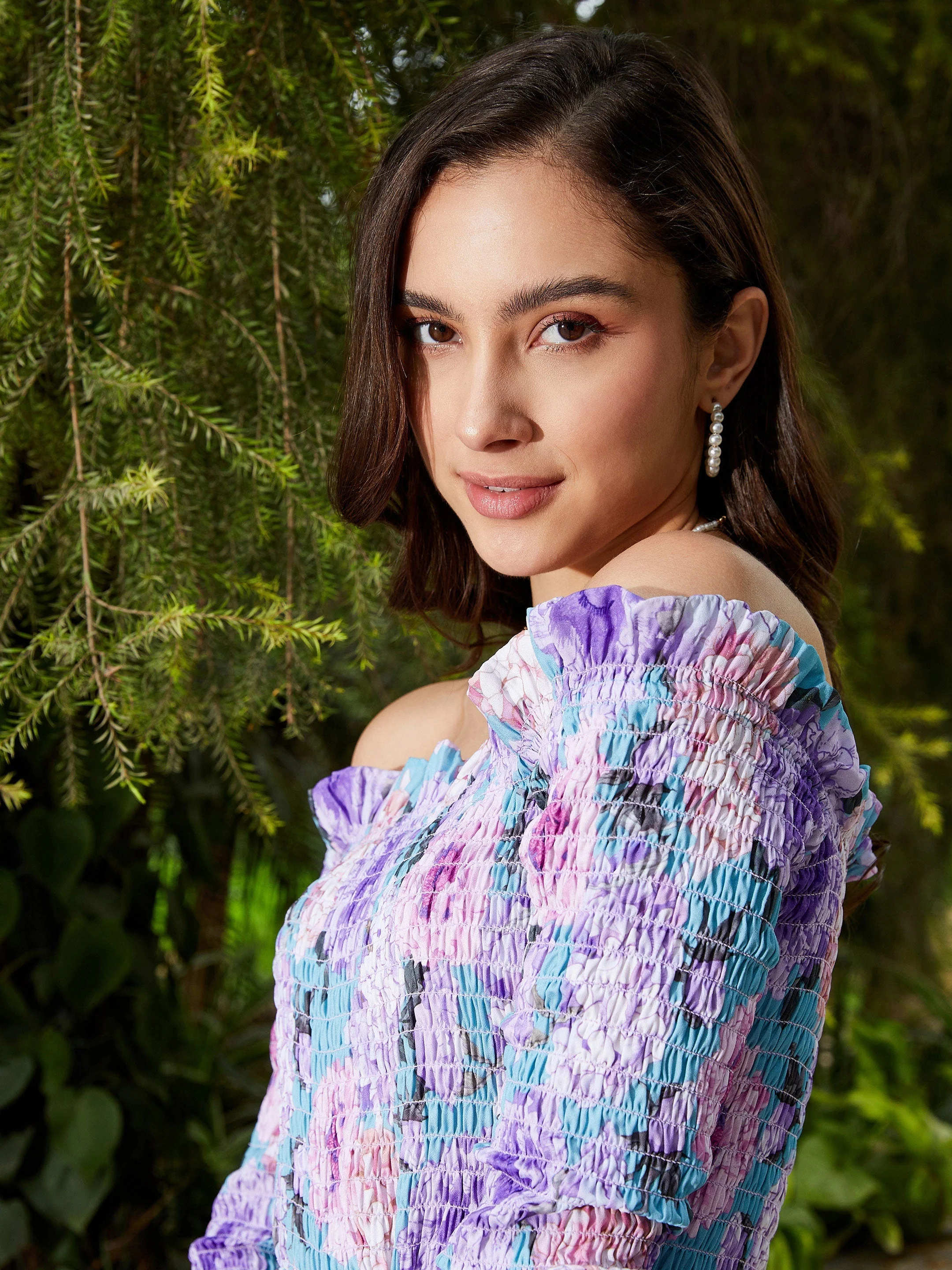 Women Turquoise Floral Off Shoulder Smoked Playsuit - Image 3
