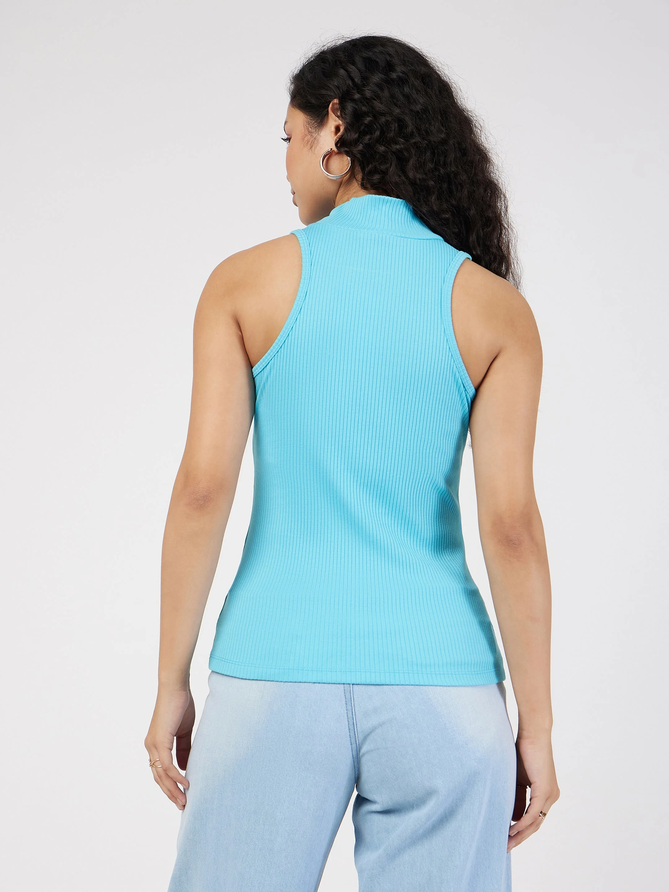 Women Turquoise Rib Turtle Neck Sleeveless Top - Image 5
