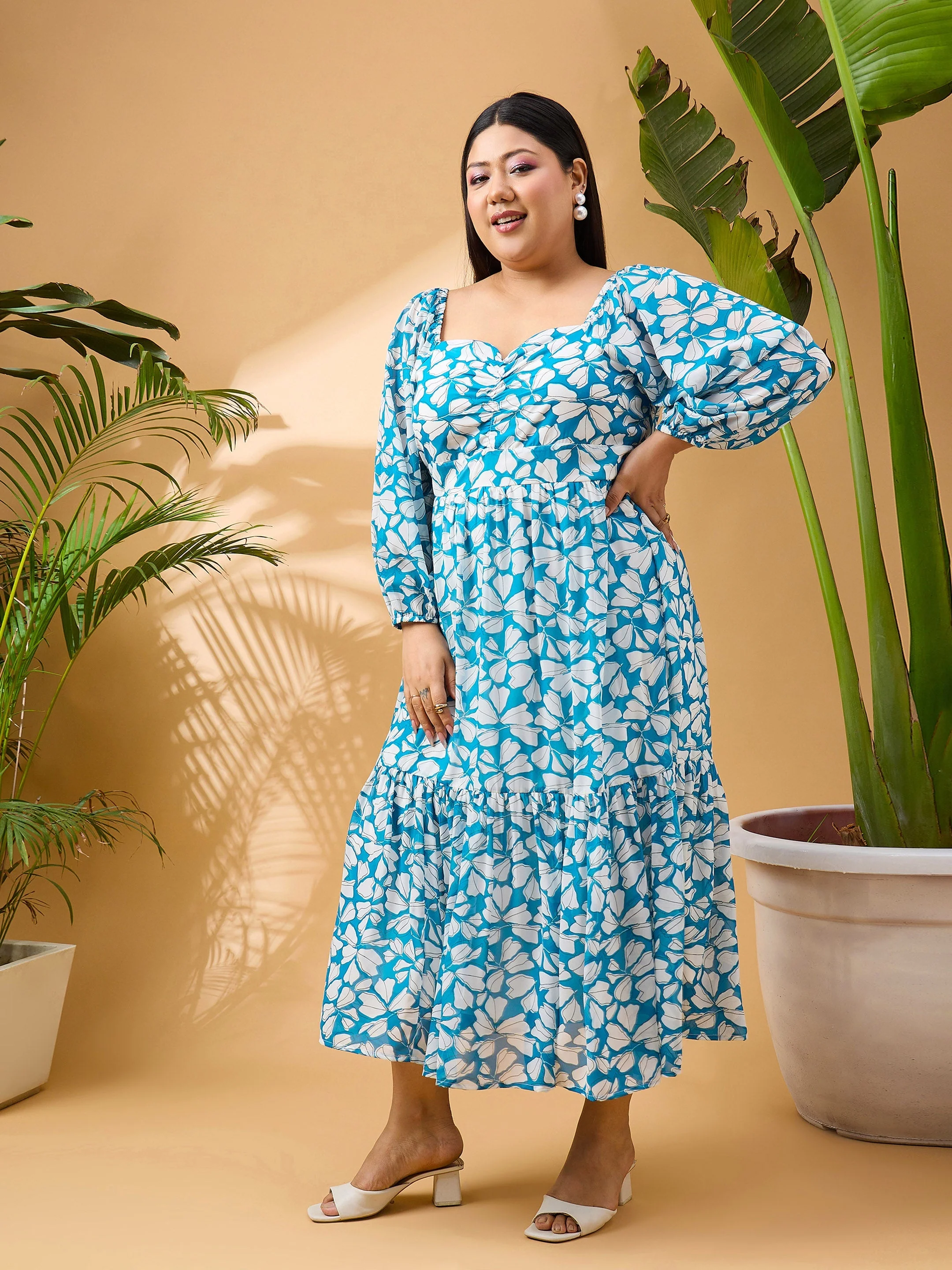 Women Turquoise Tropical Hem Tiered Midi Dress - Image 3