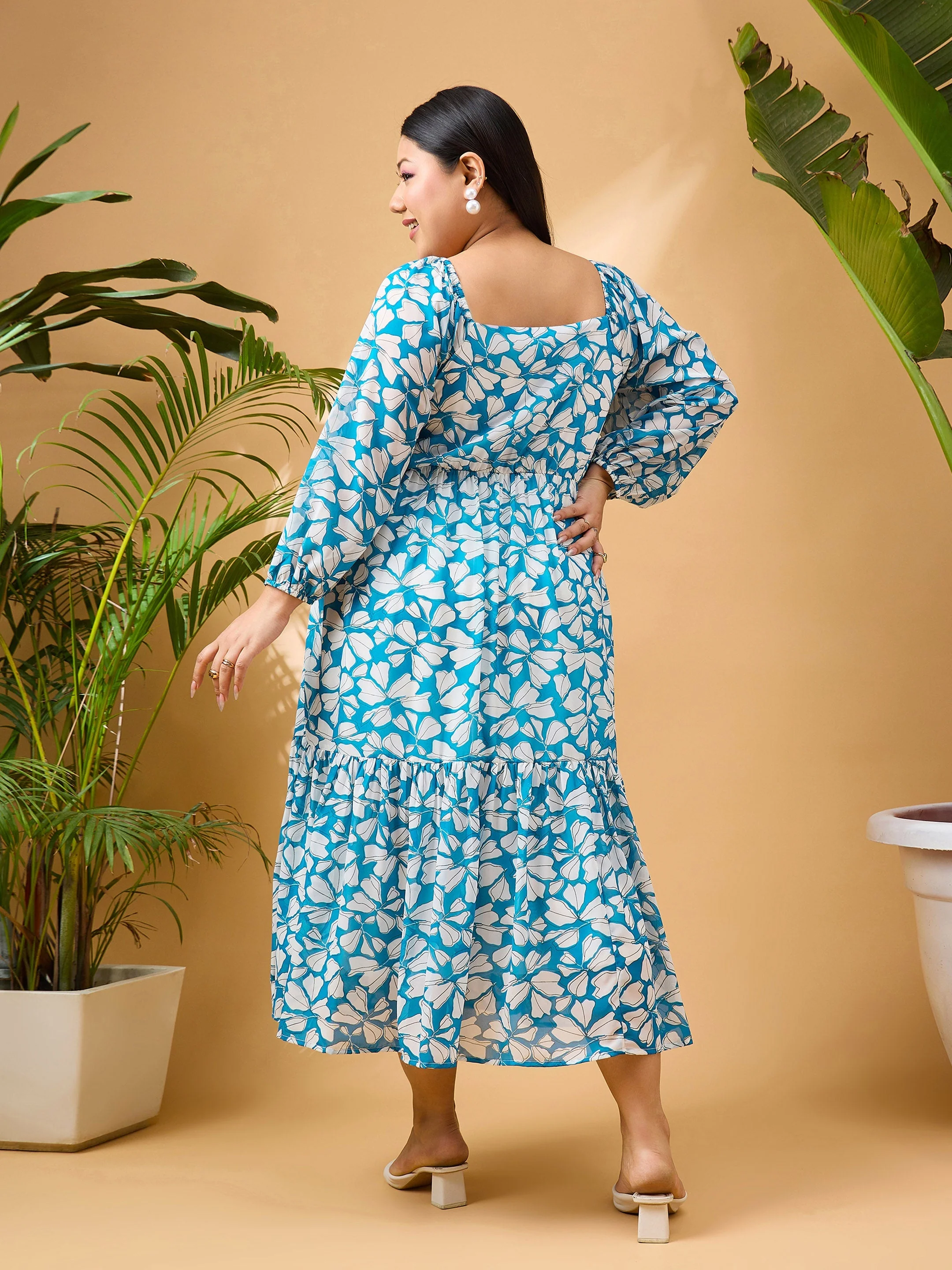Women Turquoise Tropical Hem Tiered Midi Dress - Image 5