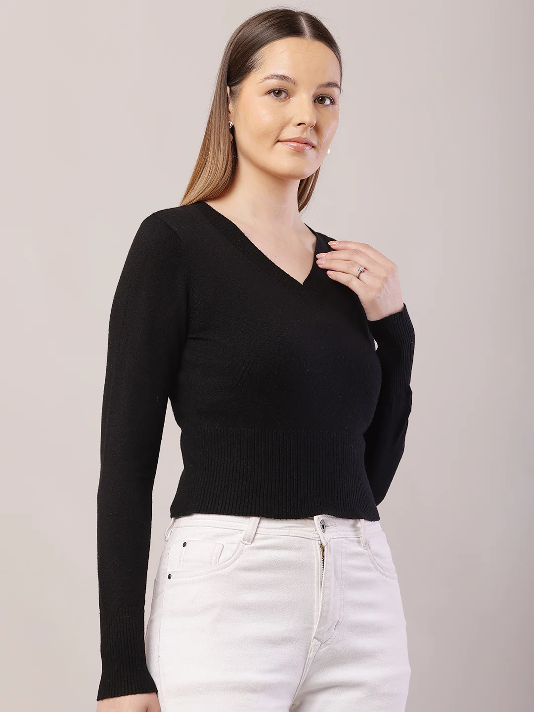 Women V-Neck Crop Black Sweater - Image 2