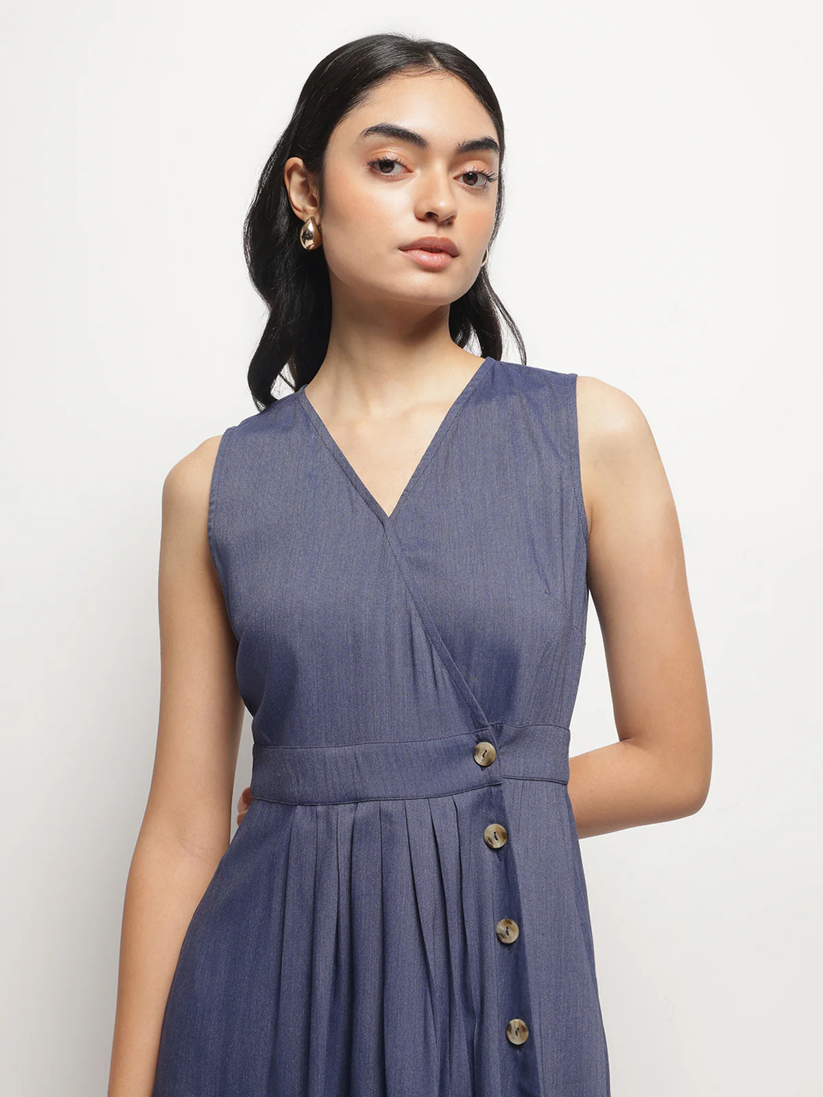 Women V-Neck Indigo Wrap Dress - Image 3