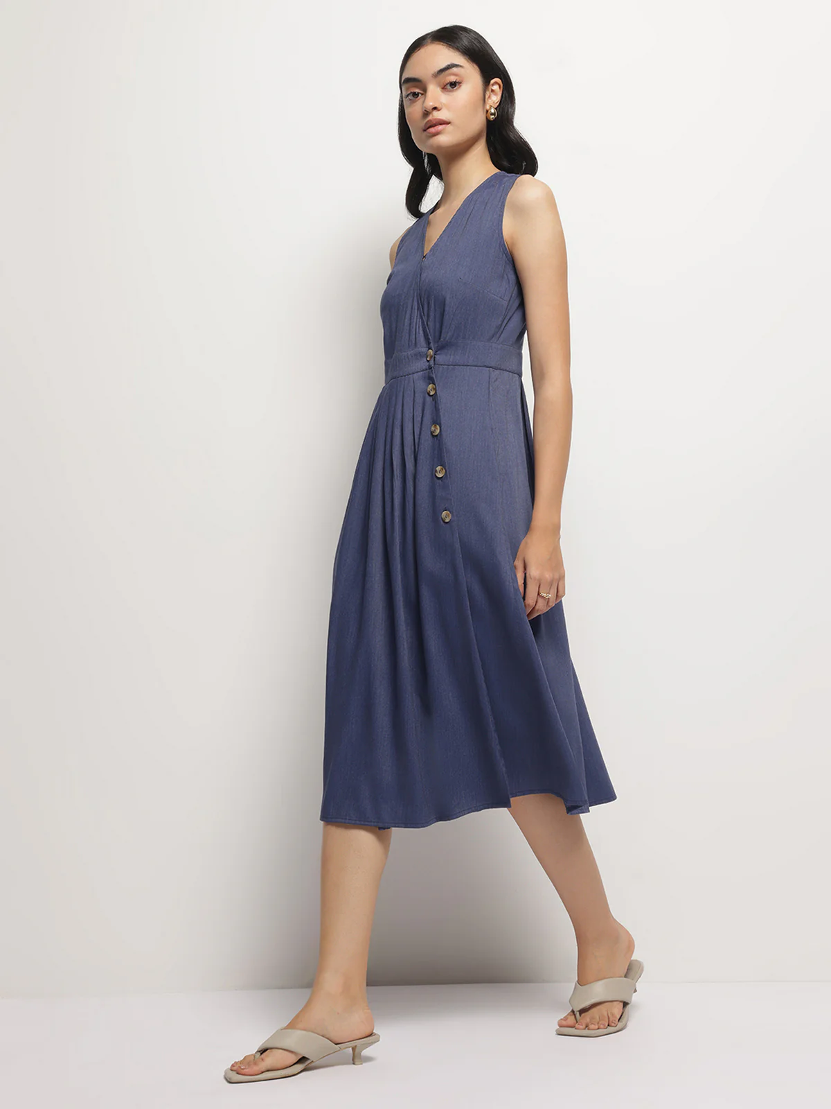 Women V-Neck Indigo Wrap Dress - Image 4