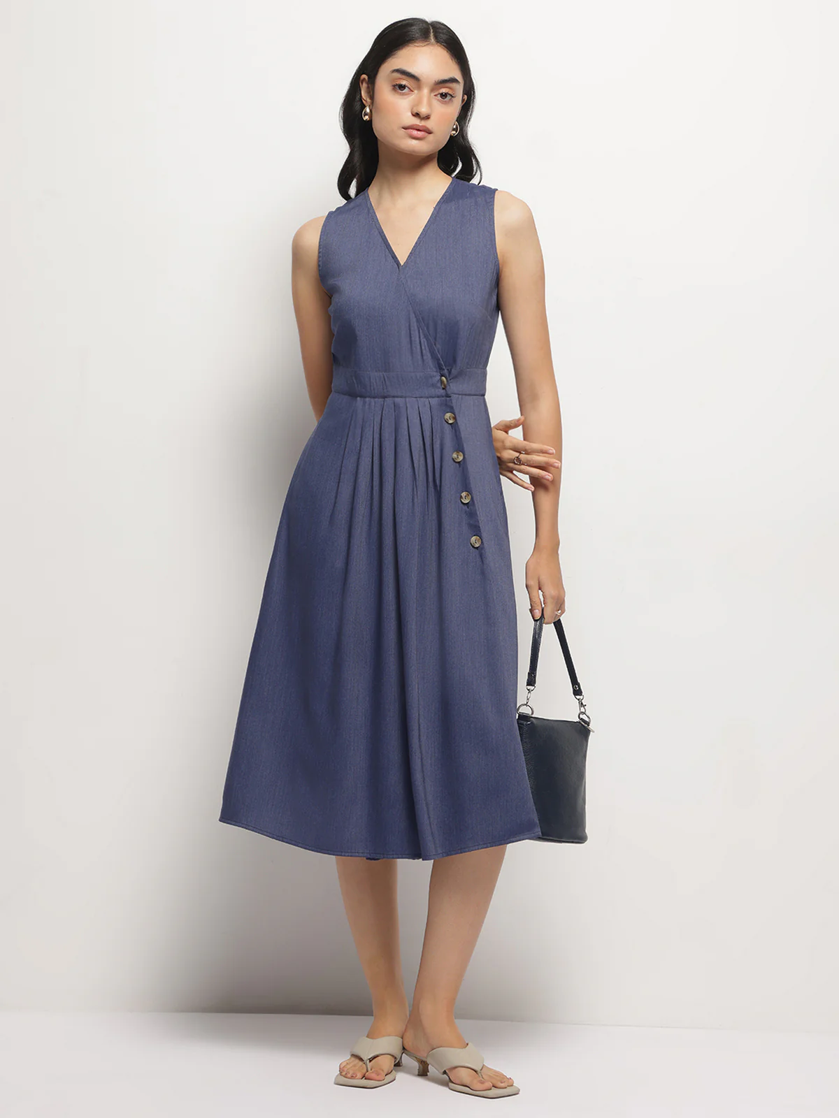 Women V-Neck Indigo Wrap Dress - Image 5